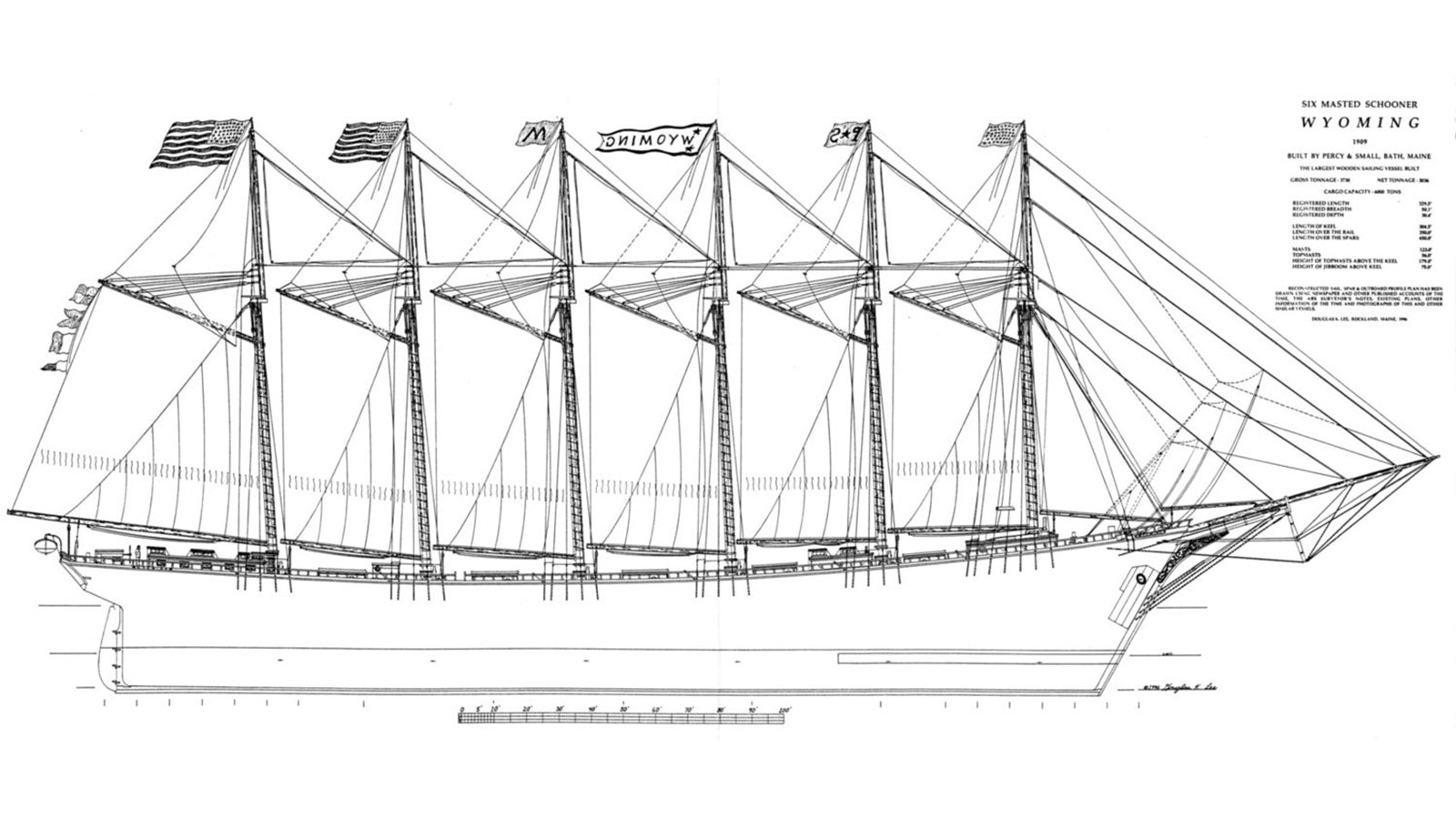 A drawing by Doug Lee outlines the sail plan for the Wyoming.
