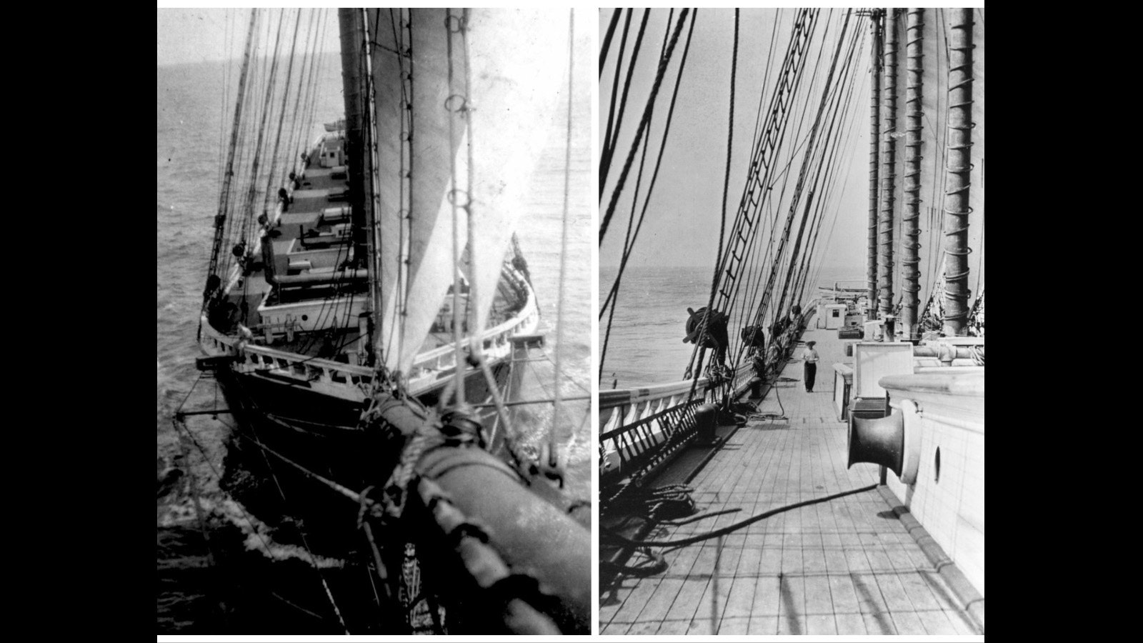 A pair of views looking down the deck of the Wyoming. At right, a cabin boy walks along the deck in a photo by John B. Brooks
