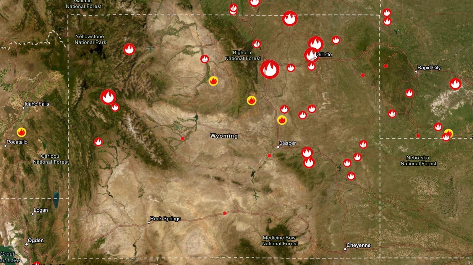 A map showing active wildfires across wyoming and the region.