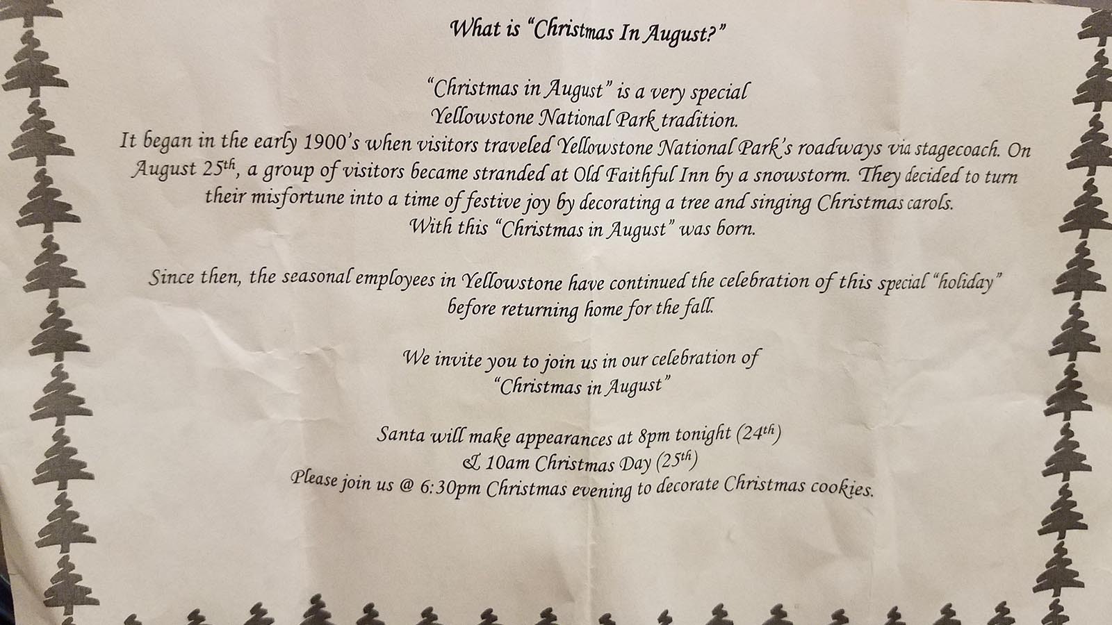 A 2018 poster still pushing an unlikely narrative about Christmas in August in Yellowstone National Park.