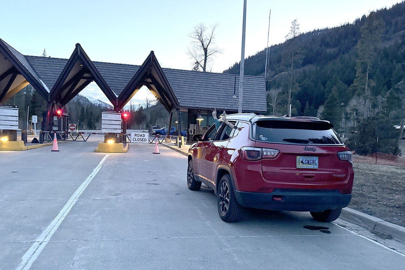 Stacy Boisseau's Jeep Compass just outside the East Entrance of Yellowstone the night before its May 3 opening, first in line for the sixth straight year.
