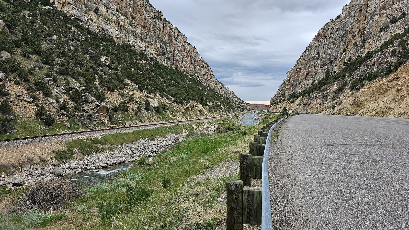 Off in the distance, the 200 million-year-old Chugwater formation at the beginning of the Wind River Canyon's scenic byway from Thermopolis.