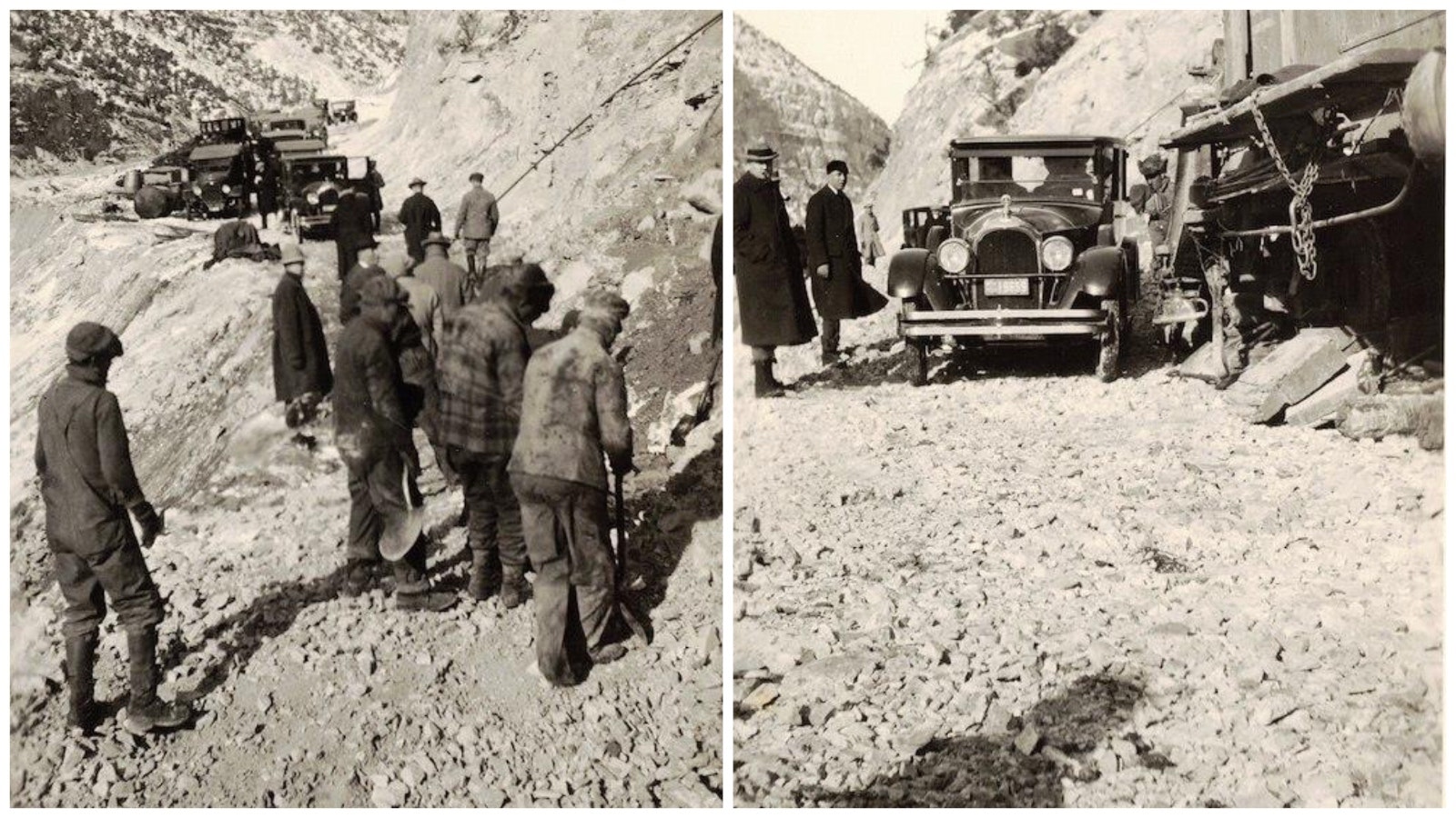 A group of men clear the way, left, for the first cars to travel through Wind River Canyon in the Yellowstone Highway in 1924.