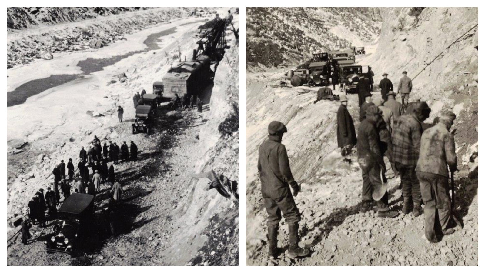 Left, 1924, Wyoming Governor Bryant Brooks led the convoy of Model Ts through the Wind River Canyon on the newly finished highway for the official dedication. The highway had been opened to Sunday travel prior to the dedication. Right, Clearing the Yellowstone Highway through the Wind River Canyon for the Wyoming Governor Bryant Brook’s convoy.