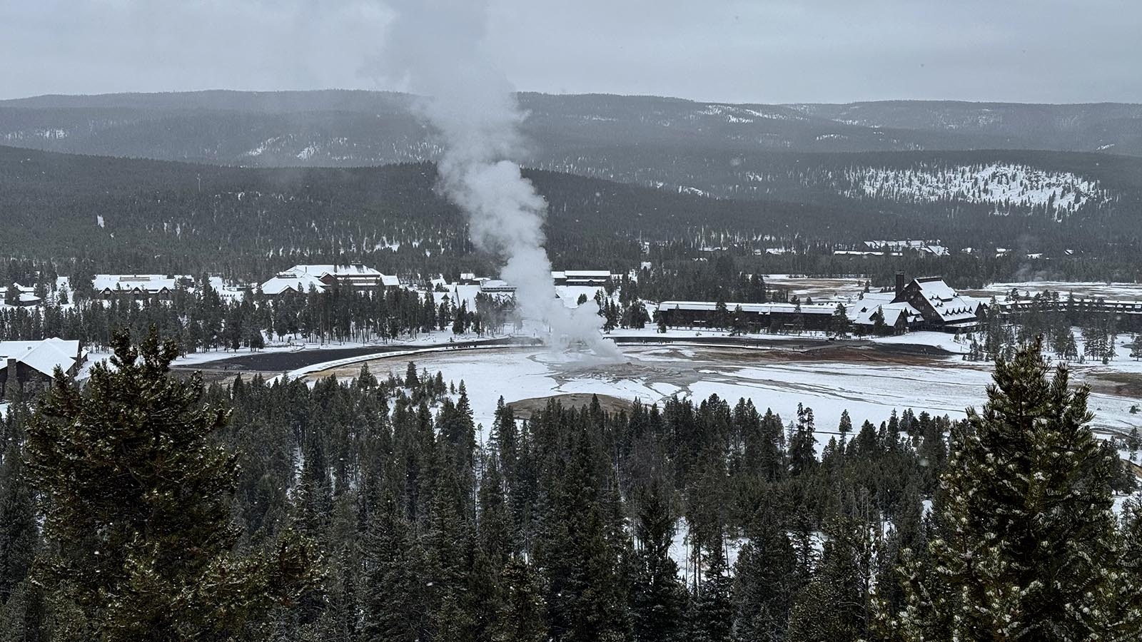 Yellowstone National Park's most famous attraction, Old Faithful Geyser, shows the thermal forces percolating underneath the region.