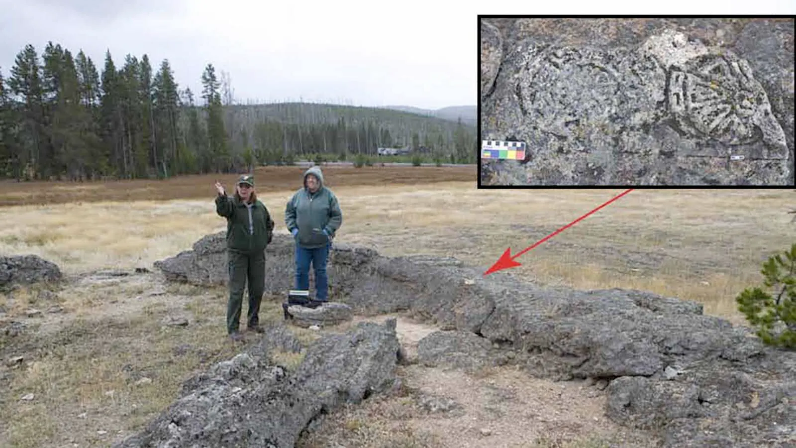 Archaeologists at the Old Faithful petroglyph site in 2011. These circular petroglyphs were the first pieces of rock art found in Yellowstone National Park, and remain controversial to this day.
