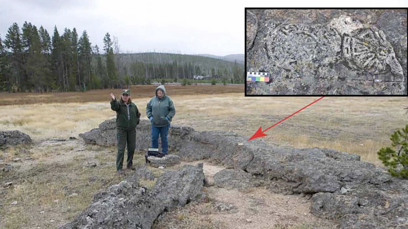 Archaeologists at the Old Faithful petroglyph site in 2011. These circular petroglyphs were the first pieces of rock art found in Yellowstone National Park, and remain controversial to this day.