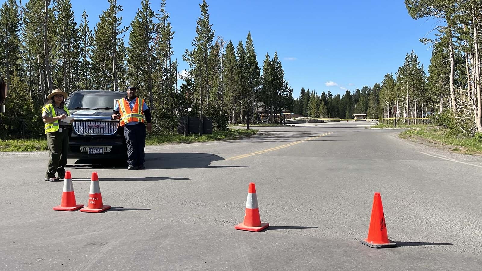 Park attendants manned a barricade outside Canyon Village on Friday and Saturday.