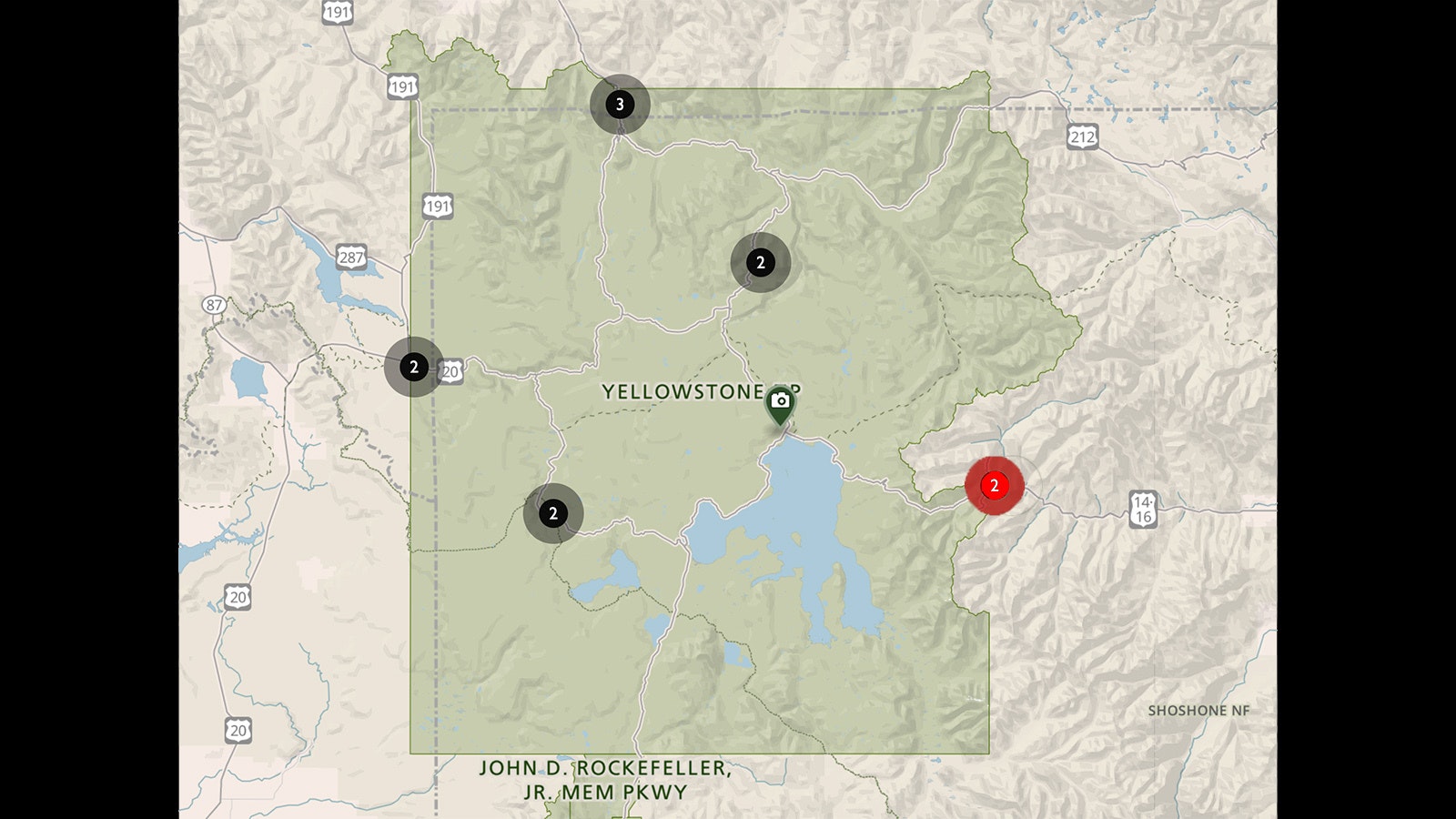 There are nine active static webcams around Yellowstone National Park: Three in the north at the North Entrance and Mammoth Hot Springs; two at Mount Washburn; two at the West Entrance; and two in the Upper Geyeser Basin. Starting before May 2, there will be two new ones at the East Entrance.