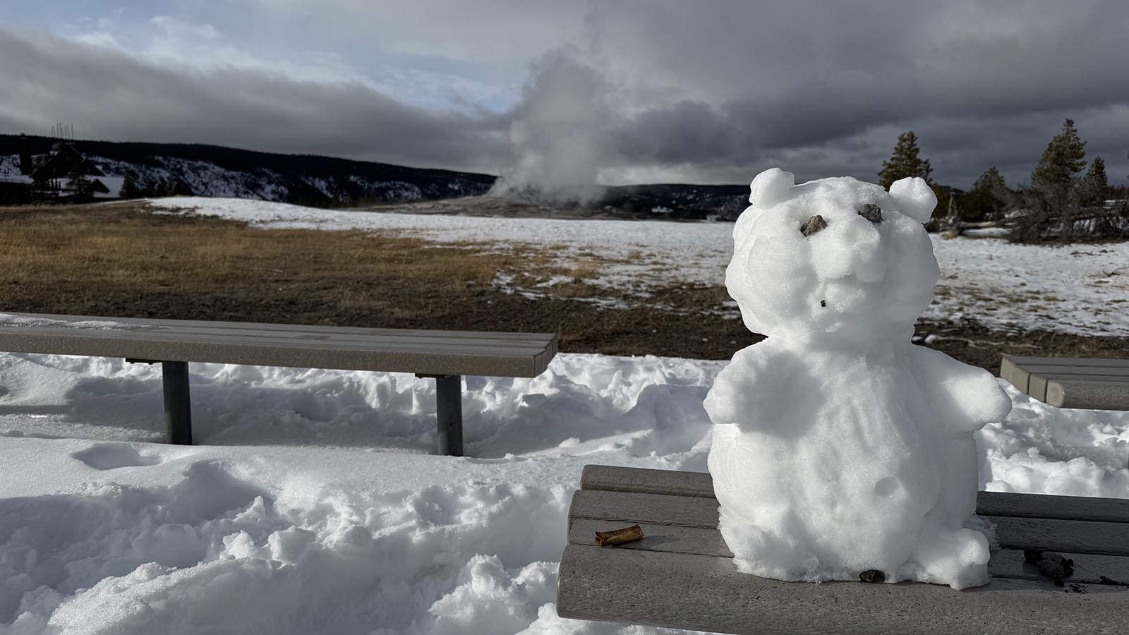 A snow grizzly sits on one of the benches on the Old Faithful boardwalk.