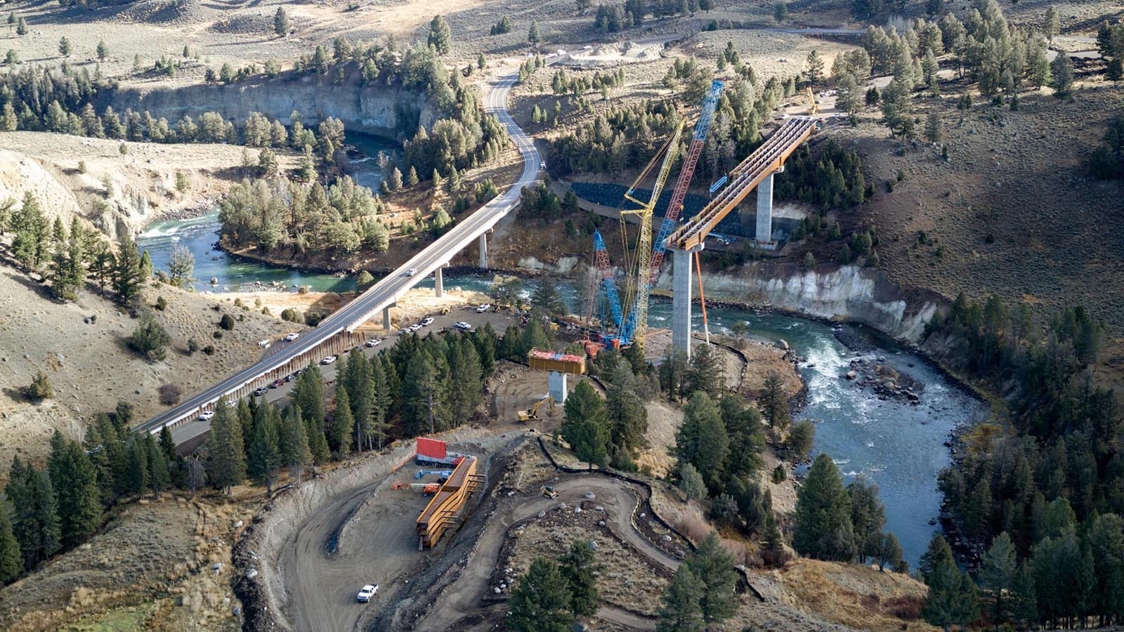 Work progresses on a massive $118 million project to replace the Yellowstone River Bridge in the national park. The new bridge will be 180 feet tall and 1,285 feet long.