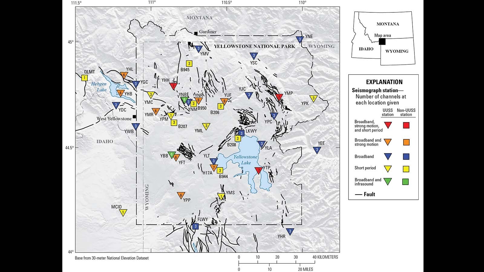 Map of seismic stations in the Yellowstone region, with numbers of channels indicated by number and sensor type by color.  Inverted triangles indicate stations operated by University of Utah Seismograph Stations (UUSS), and squares indicate stations operated by other agencies.