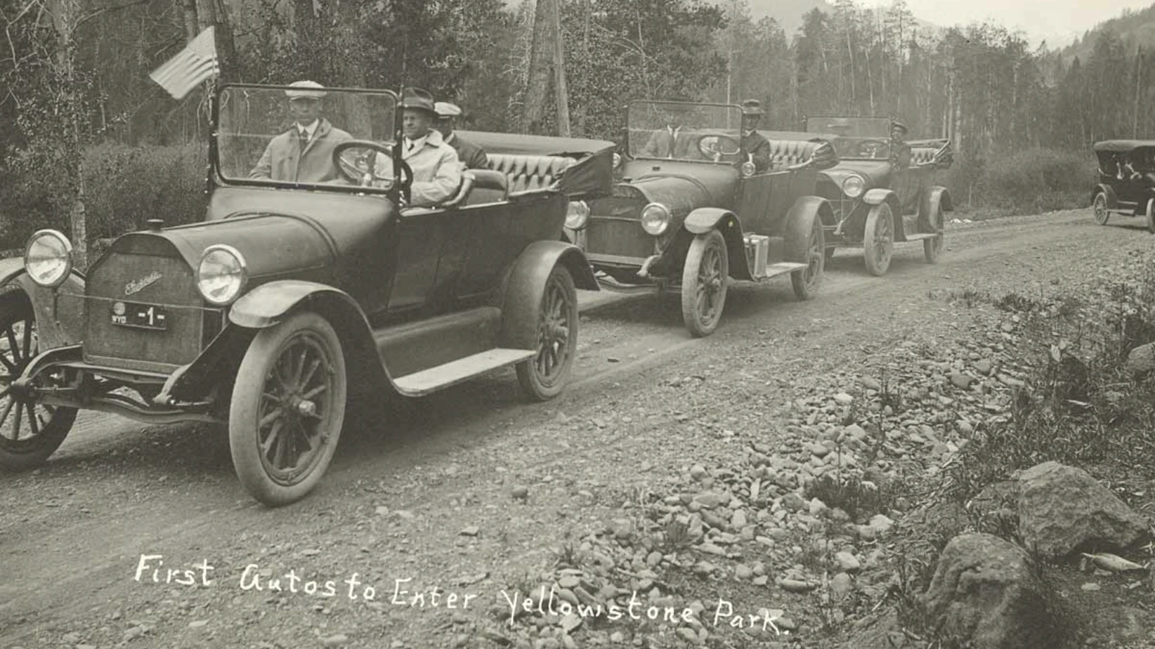 The first cars to legally enter Yellowstone National Park happened in 1915. Thirteen years before, Henry G. Merry crashed through the gate with his 1897 Winton which was officially the first car to drive into the park. 