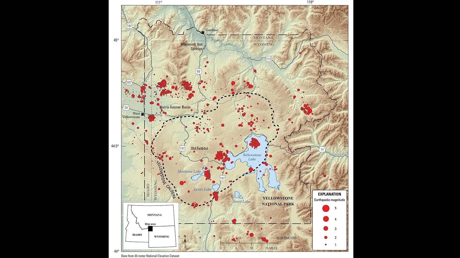 Map of seismicity (red circles) in the Yellowstone region during 2023.