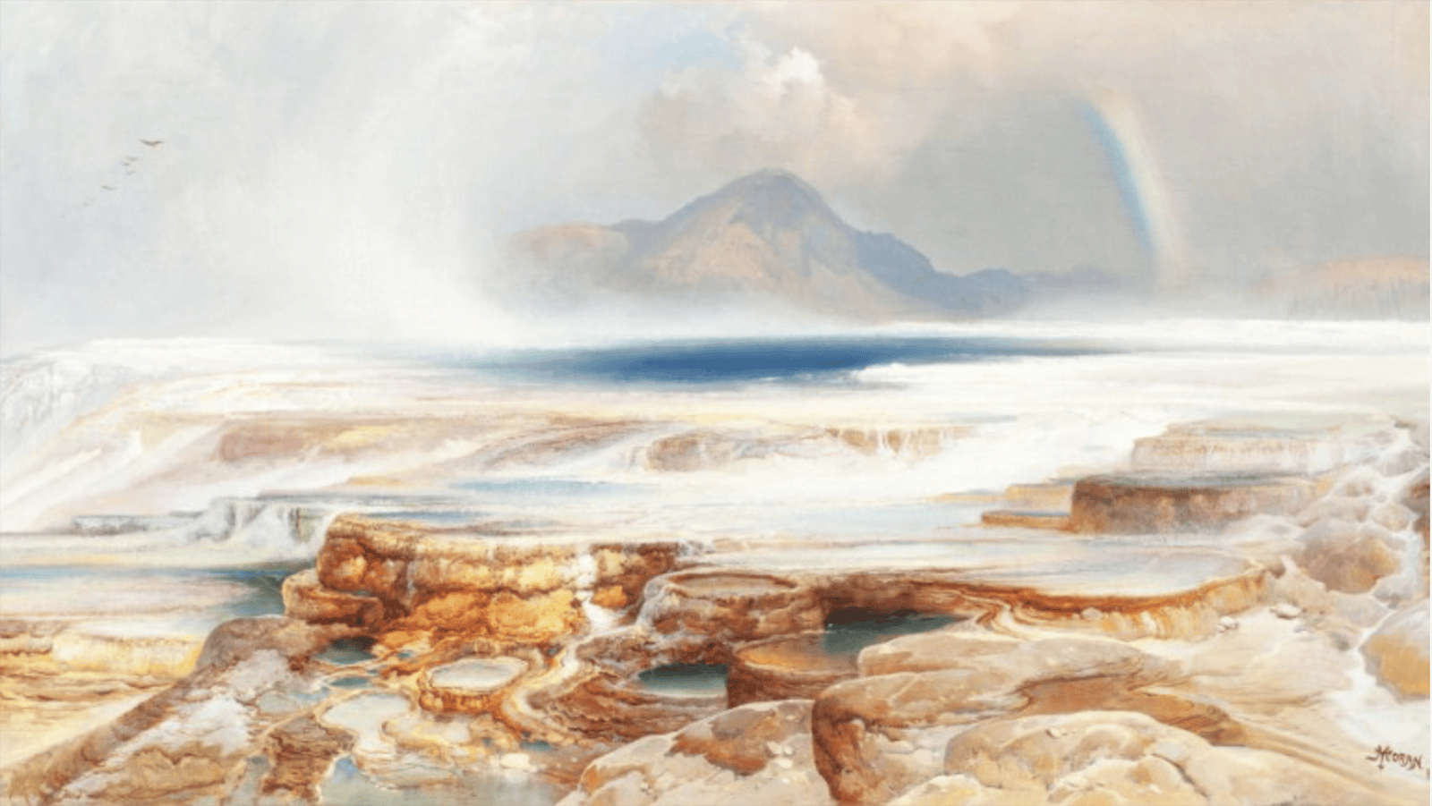 Artist Thomas Moran explored and sketched the Mammoth Hot Springs in 1871, helping to prove to Congress that the fantastic stories of the trappers Jim Bridger and Joe Meek were true. Moran helped photographer William Jackson with his cumbersome photography equipment and Moran is pictured in 1871 exploring the Mammoth Hot Springs. In 1872, he unveiled his painting of the Mammoth Hot Springs, bringing the colors to life.