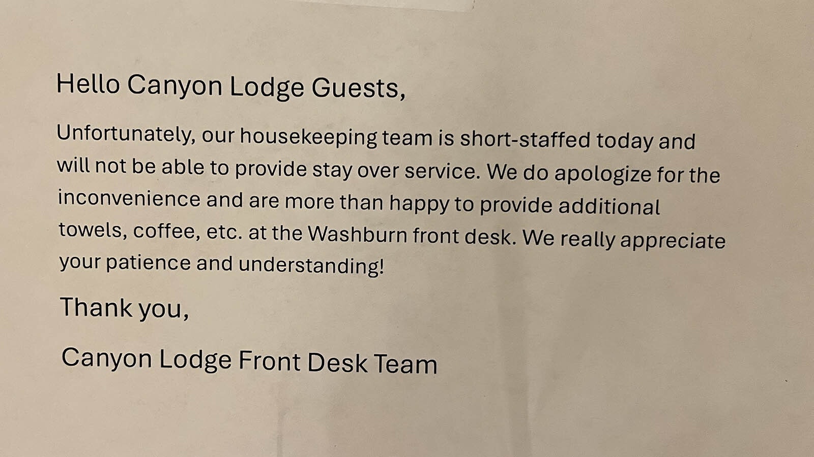 A note to guests at Canyon Lodge.