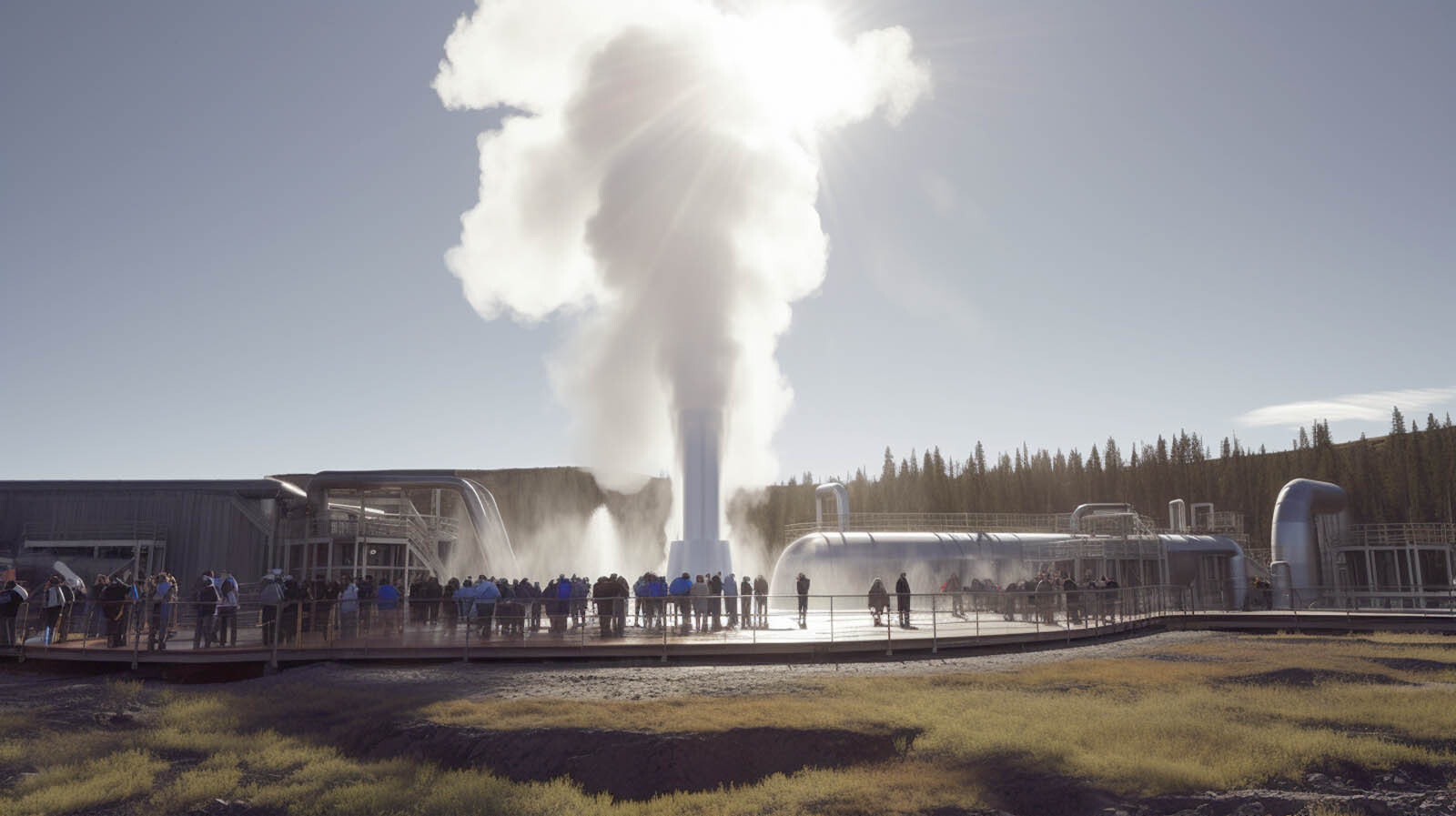 An illustration of spectators gathered around Old Faithful after it’s transformed into a clean energy-producing geothermal plant.