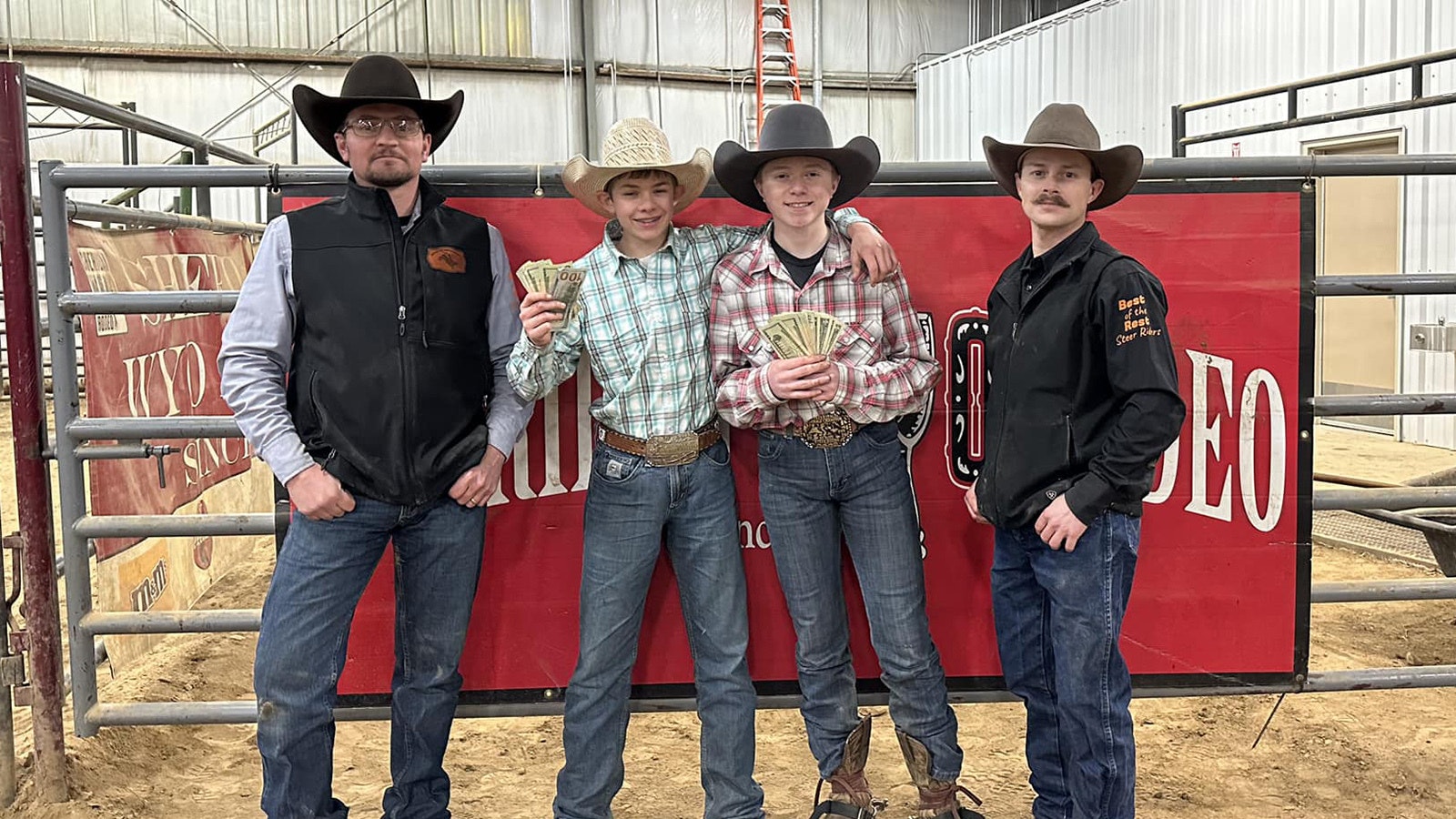 Even young rodeo riders can win real money. Here, Kody Scrogham and Caylen Hedrick split the pot for tying for the win at a January 2025 rodeo.