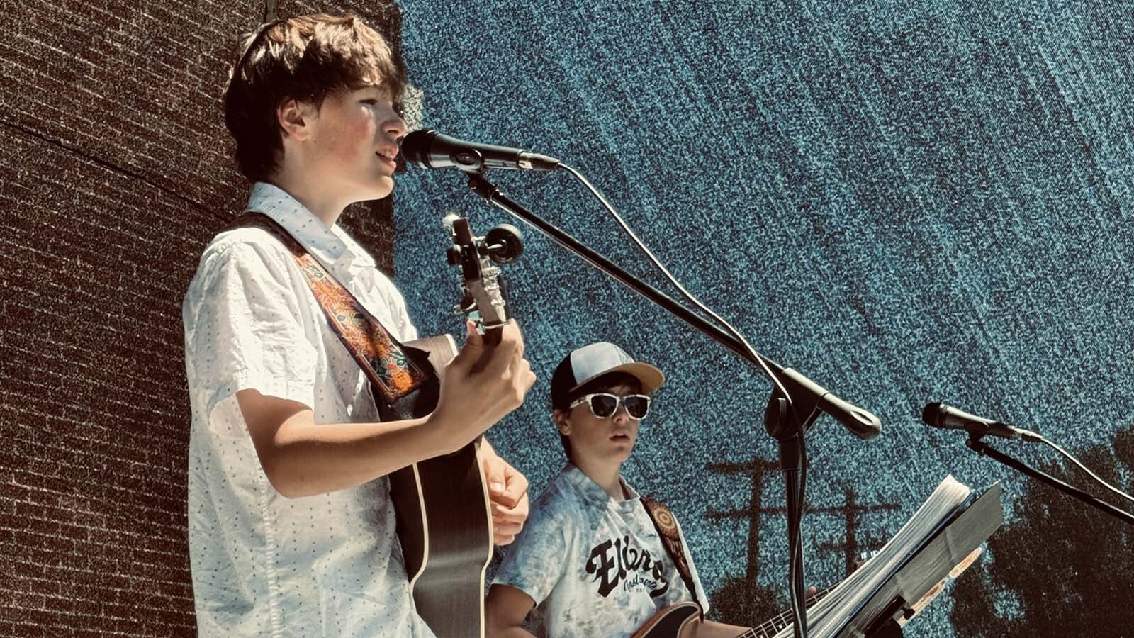 Lane, left, and Liam Jordan, both 13, on stage for 2024 Culture in Vorland.