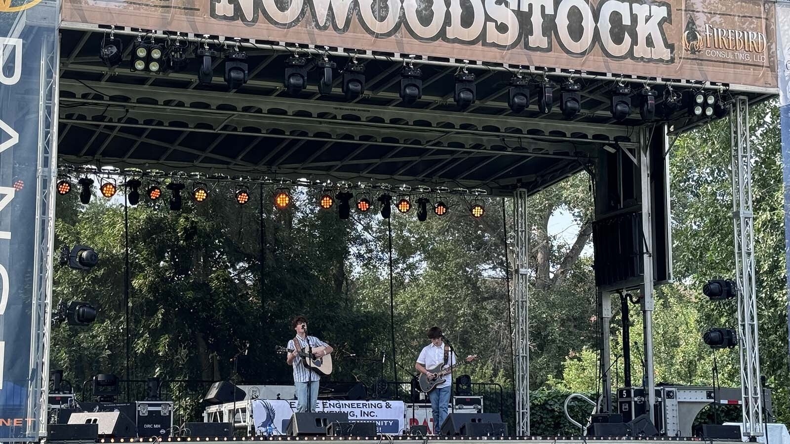 Layne, left, and Liam Jordan onstage at the Nowoodstock music festival in Ten Sleep.