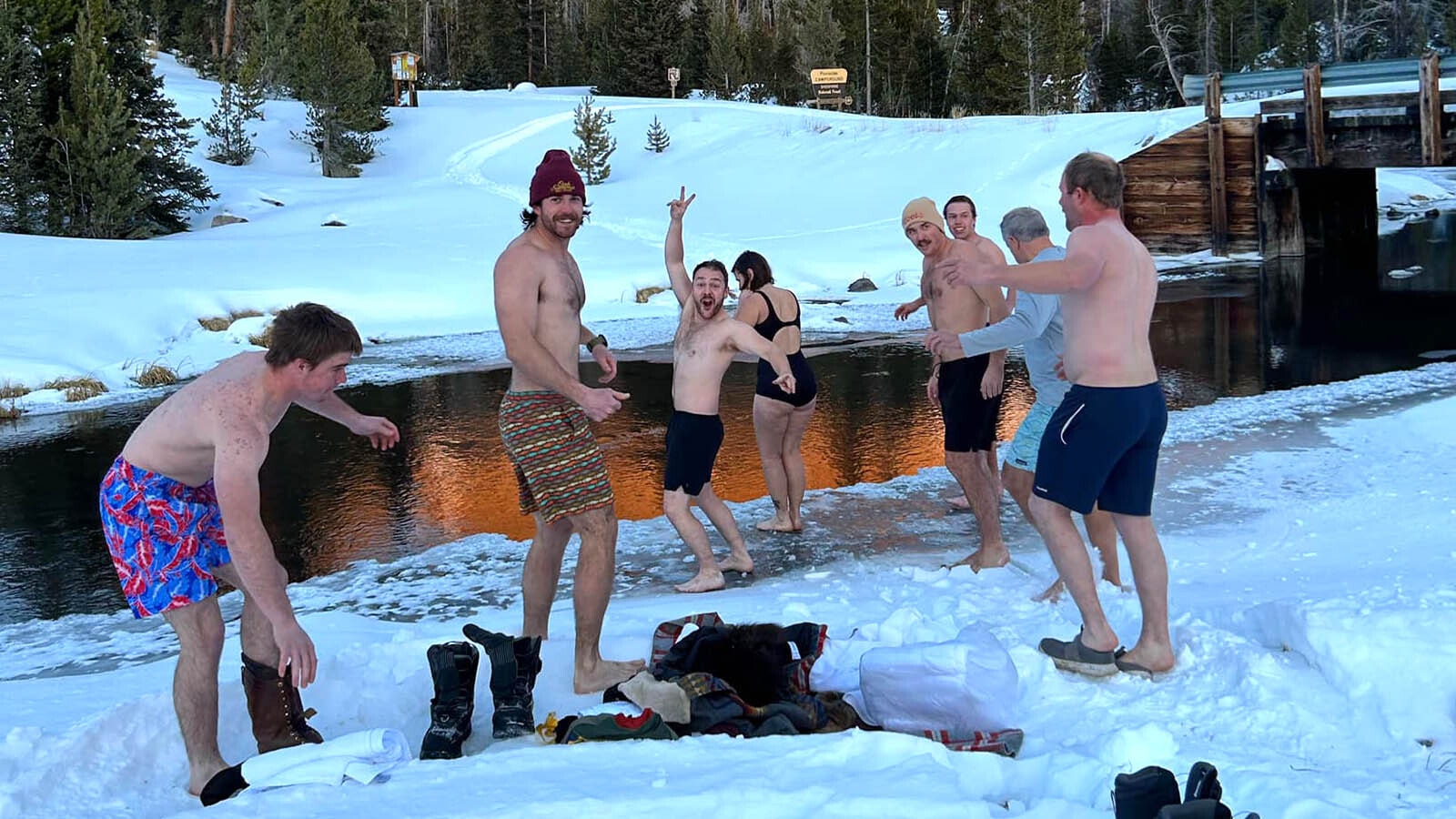 A New Year's Day tradition at Brooks Lake Lodge is an icy polar plunge.