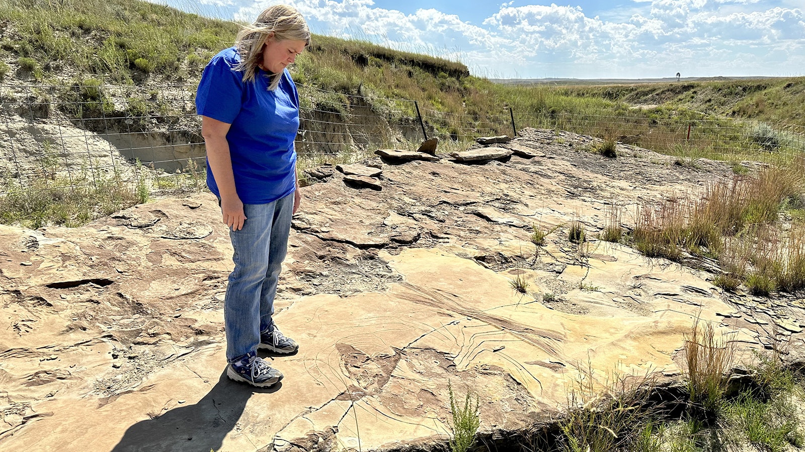 Kris Stauffer stands on the Zerbst Trackway, which contains more than 100 footprints from dinosaurs and other prehistoric creatures. A unique dinosaur footprint from this rock slab was named Saurexallopus zerbsti, in honor of the family.