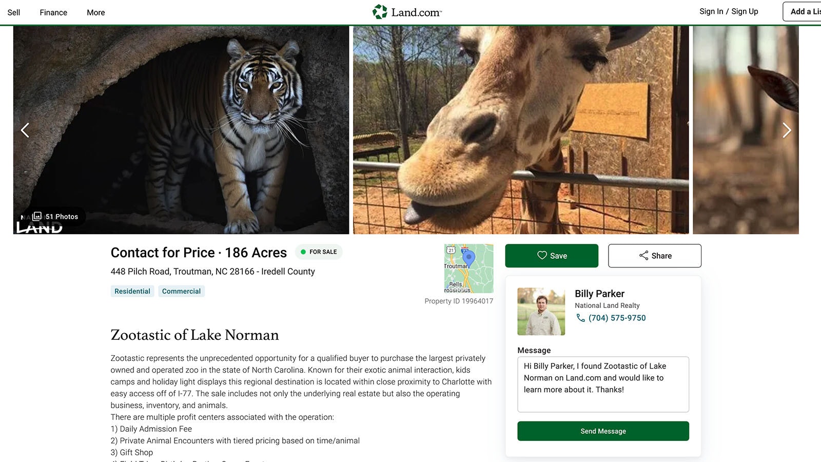 Zooastic of Lake Norman is a 186-acre zoo complex for sale in North Carolina.