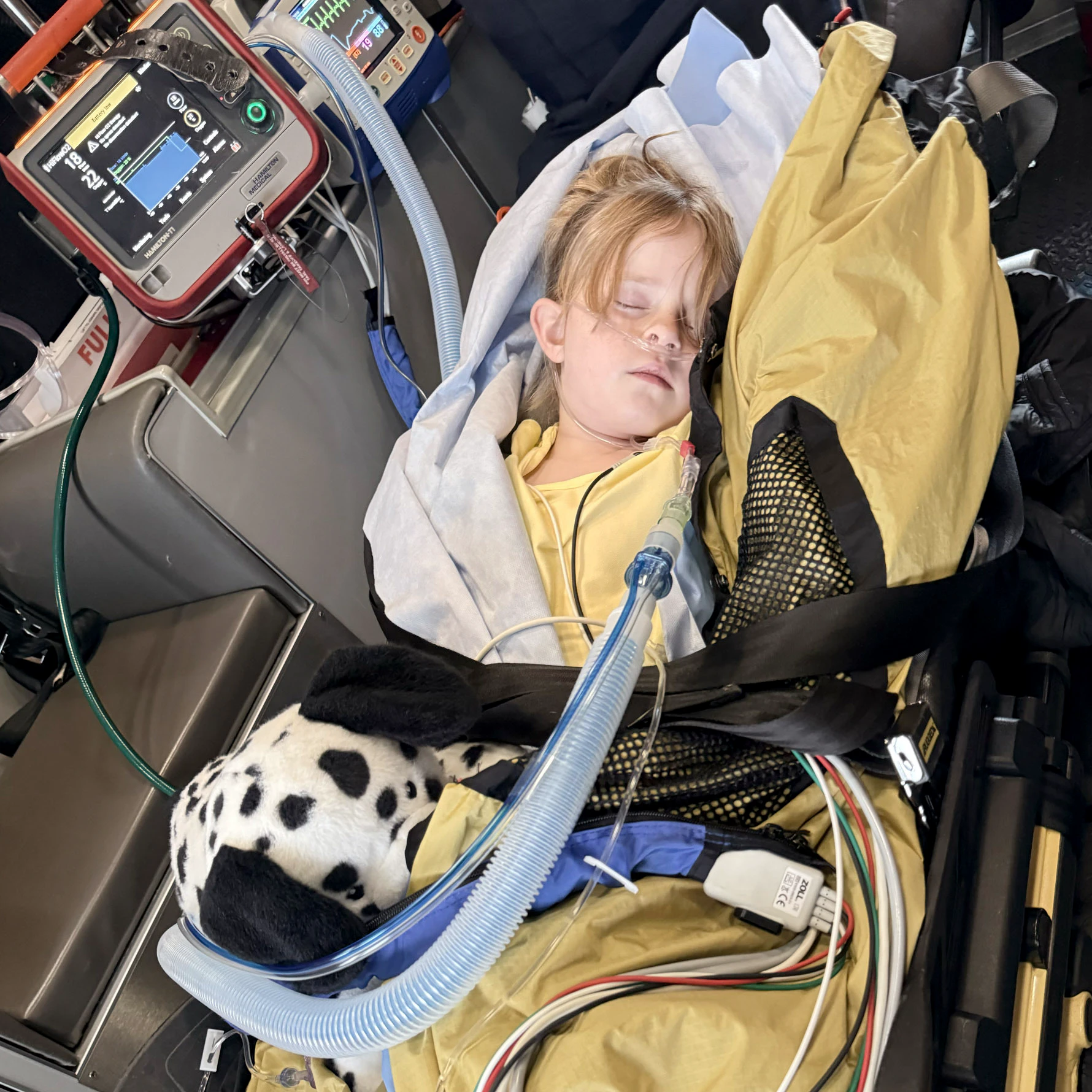 Seven-year-old Octaveia “Tavey” Mindrum is cared for aboard an AirLife medical aircraft during her transfer from Gillette to Children’s Hospital Colorado after becoming severely ill with rhinovirus.