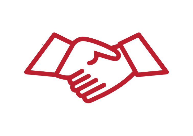 Read line drawing of two hands shaking.