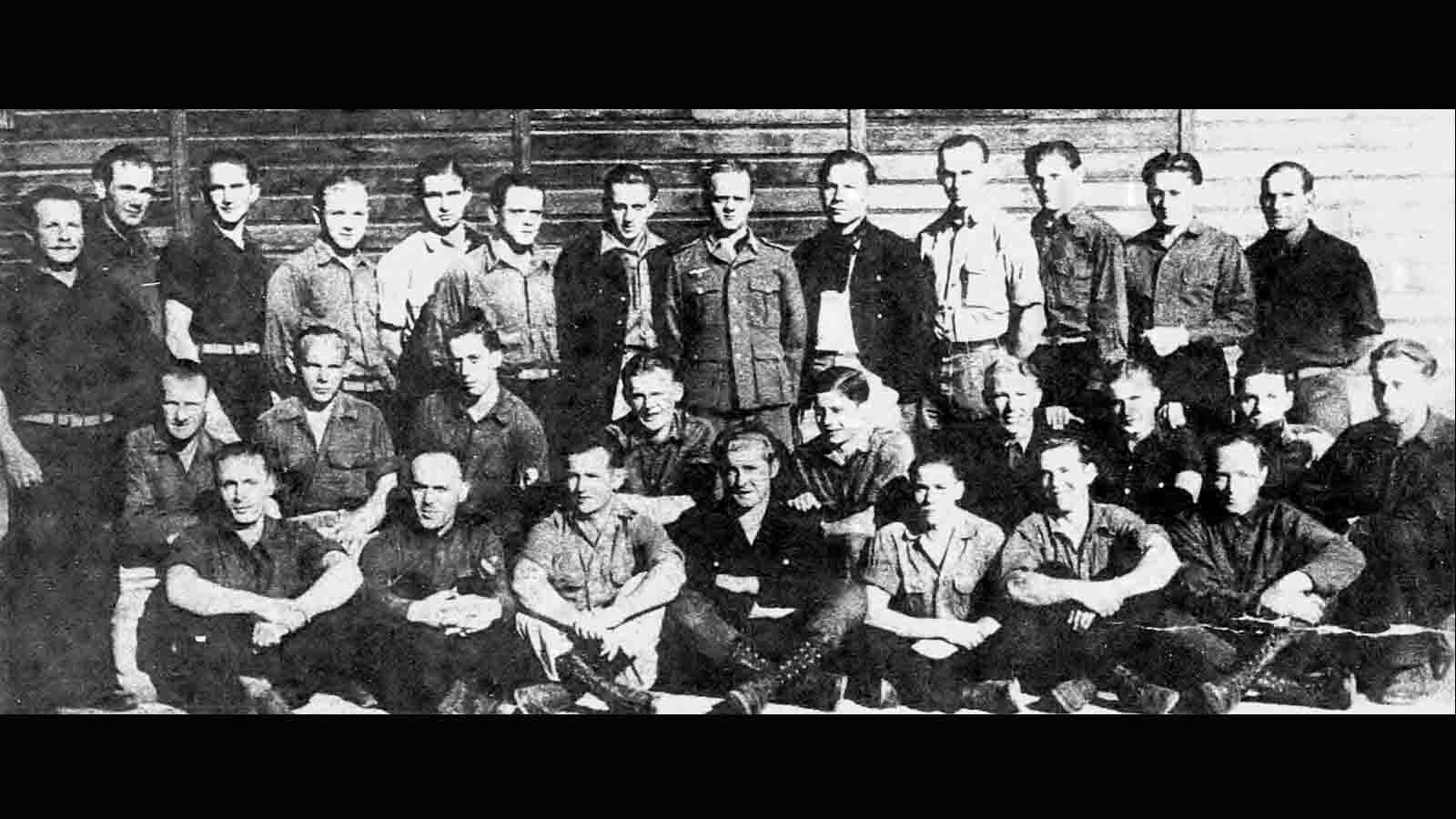 DEUTSCHE SOLDATEN AT RYAN PARK—This rare photo of German prisoners-of-war who worked in timber operations in the Ryan Park area near the end of World War Two was given to George Peverley of Rawlins in 1989 by Art Bergquist of Saratoga.