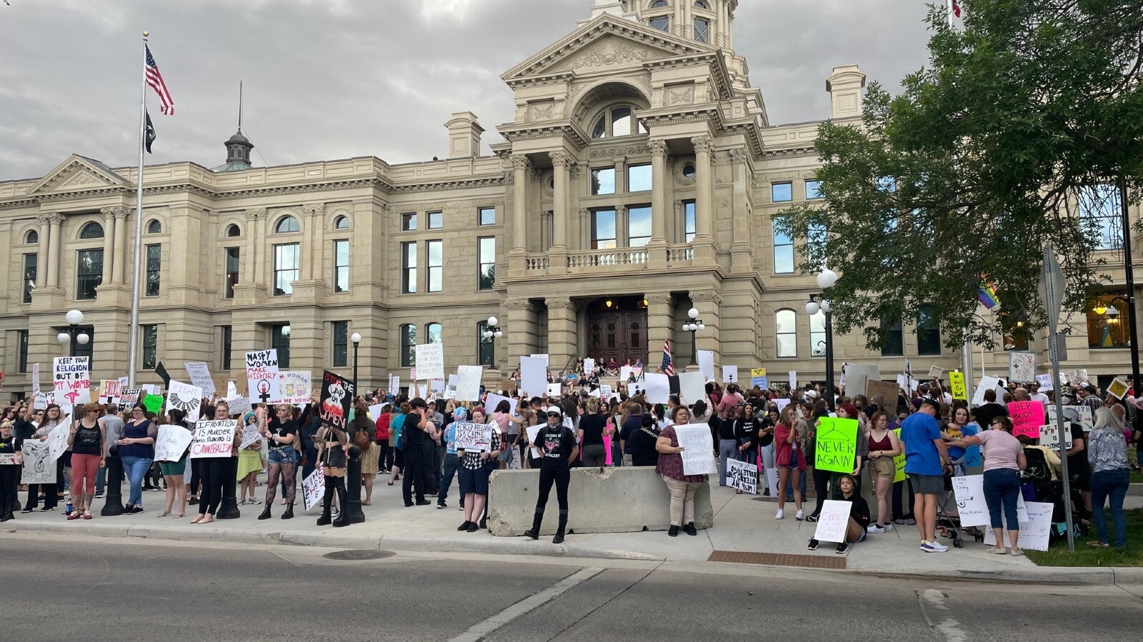 People rally for and against abortion outside the Wyoming Capitol in Cheyenne.