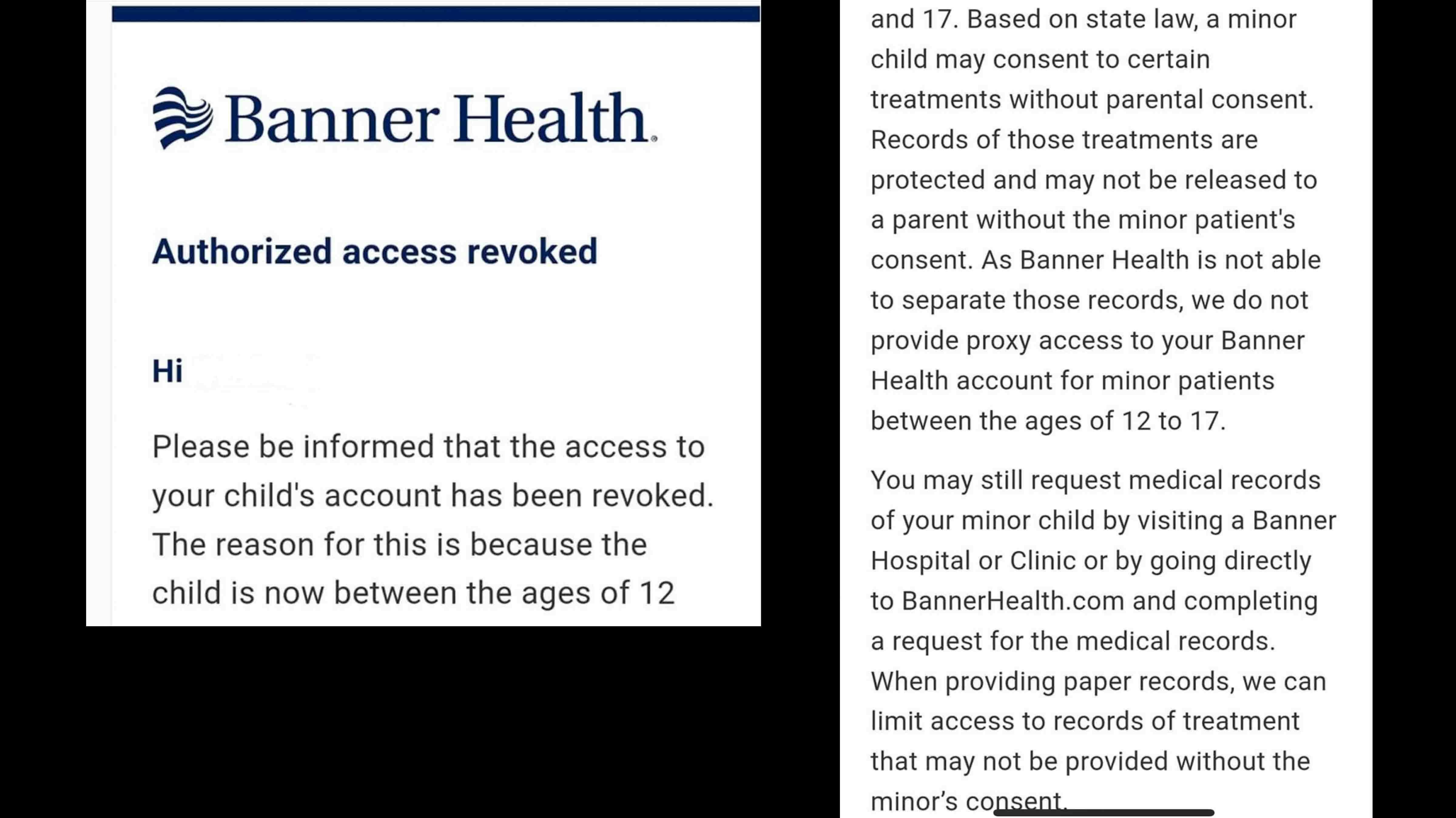 Banner Health Message. Note: Recipients name has been removed.