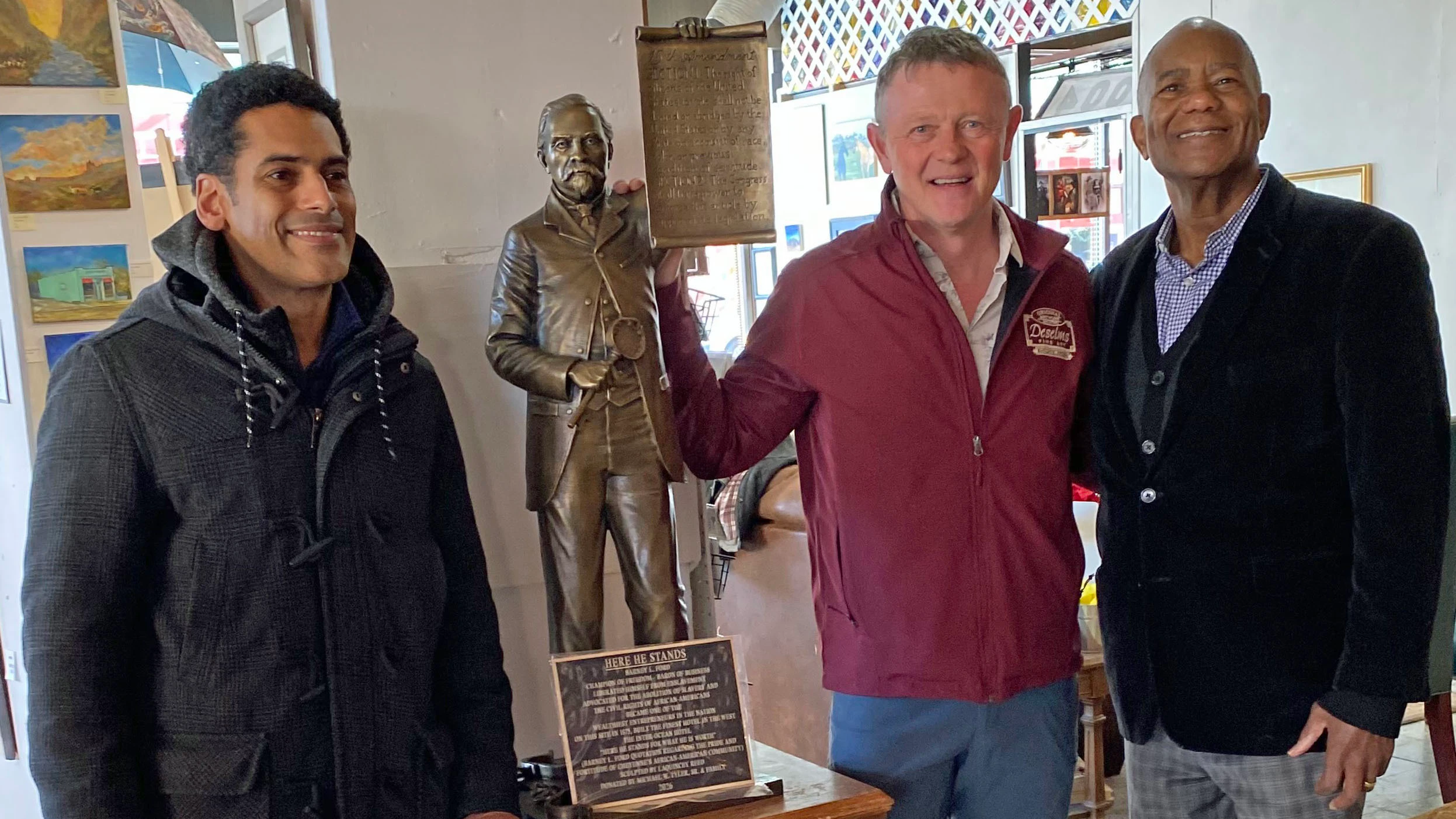 Sculptor LaQuincy Reed, Curator Harvey Deselms and Donor Michael Tyler worked together to make it possible to produce a new bronze statue in honor of Barney Ford, a former slave who built the fanciest hotel in Cheyenne when Wyoming was still a territory.