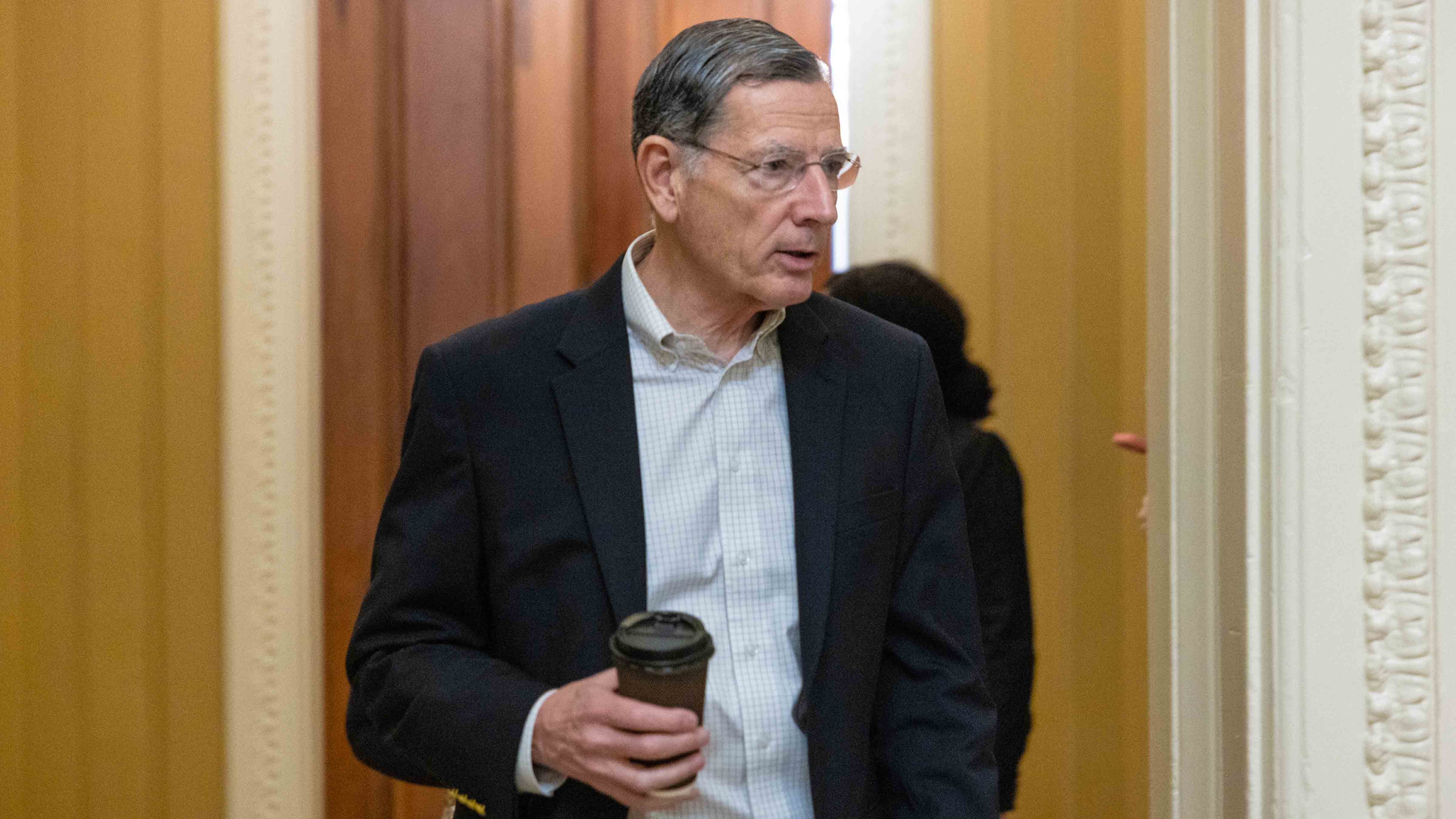 Senate Majority Whip John Barrasso (R-WY) walks from his office to a Republican conference meeting on Capitol Hill on November 9, 2025 in Washington, DC. The Senate convened for a rare Sunday session in an attempt to end the government shutdown.