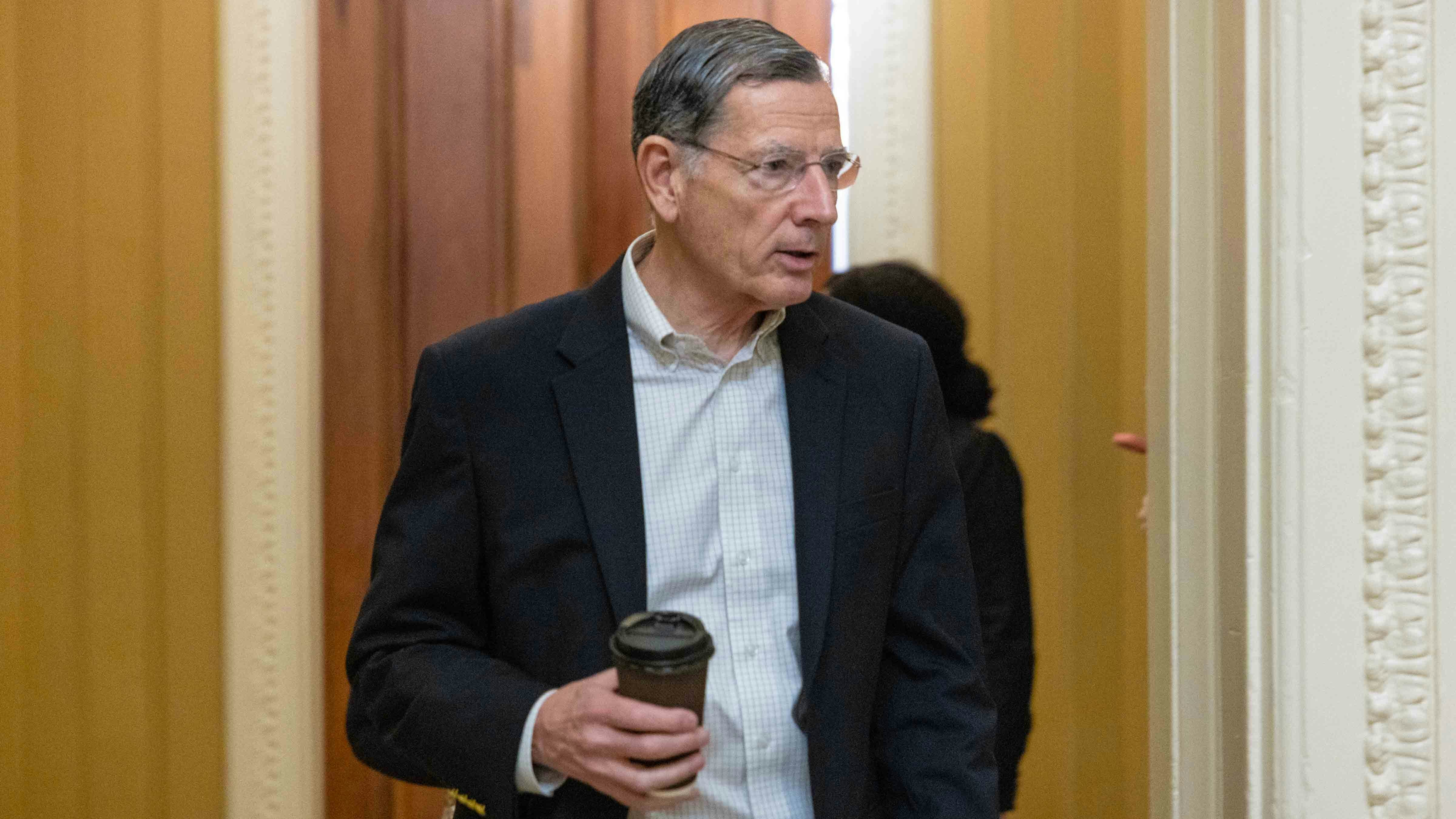 Senate Majority Whip John Barrasso (R-WY) walks from his office to a Republican conference meeting on Capitol Hill on November 9, 2025 in Washington, DC. The Senate convened for a rare Sunday session in an attempt to end the government shutdown.