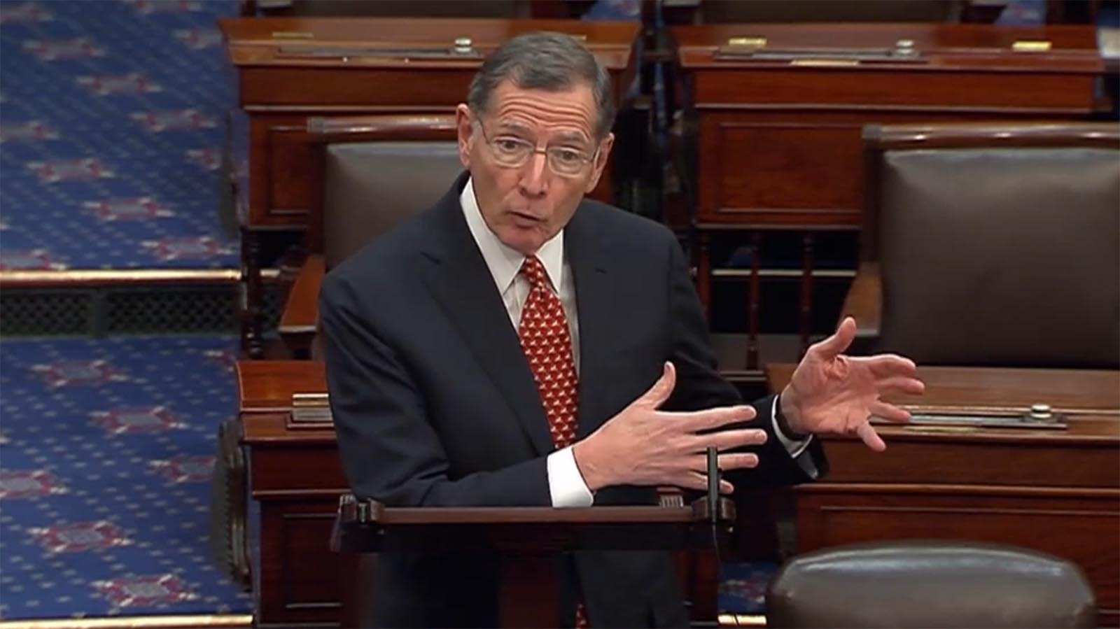 U.S. Sen. John Barrasso, R-Wyoming, talks on the Senate floor in favor of the Laken Riley Act on Thursday, Jan. 9, 2025.