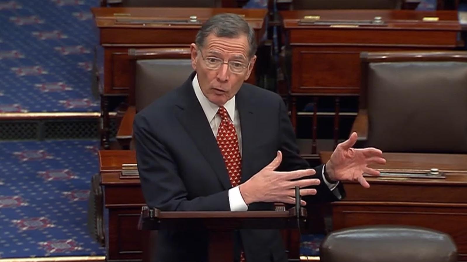 U.S. Sen. John Barrasso, R-Wyoming, talks on the Senate floor in favor of the Laken Riley Act on Thursday, Jan. 9, 2025.