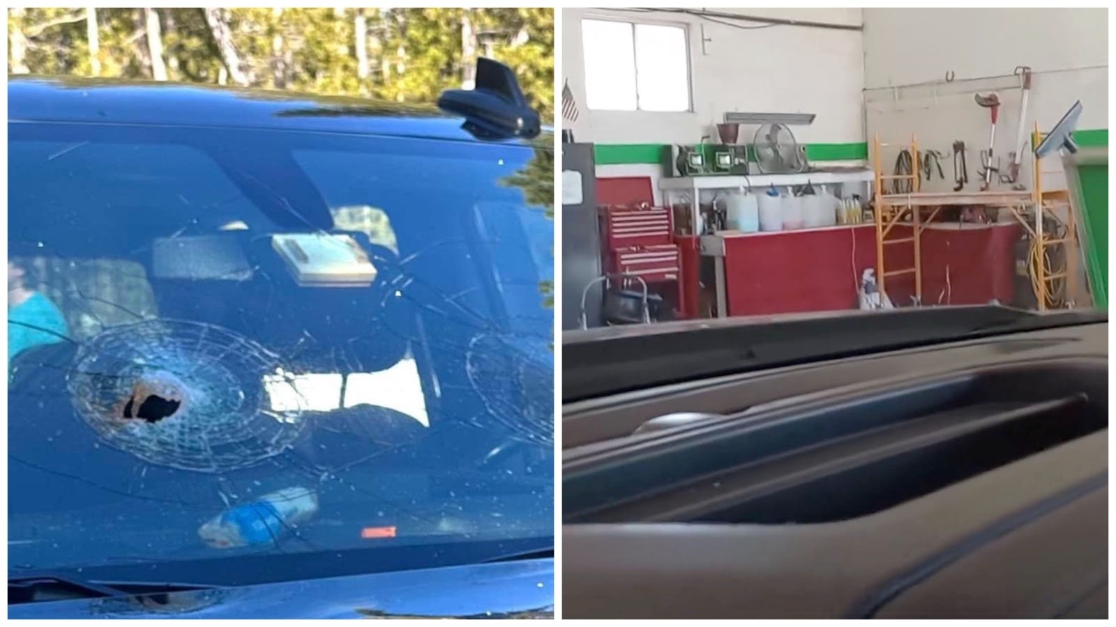 Left: After a can of bear spray exploded in the cab of this truck. Right: That can of bear spray was sitting in this nook in the front window dash of the truck when it exploded. The windshield has since been replaced, but the detailer cleaning it out says it'll never be the same inside the truck.