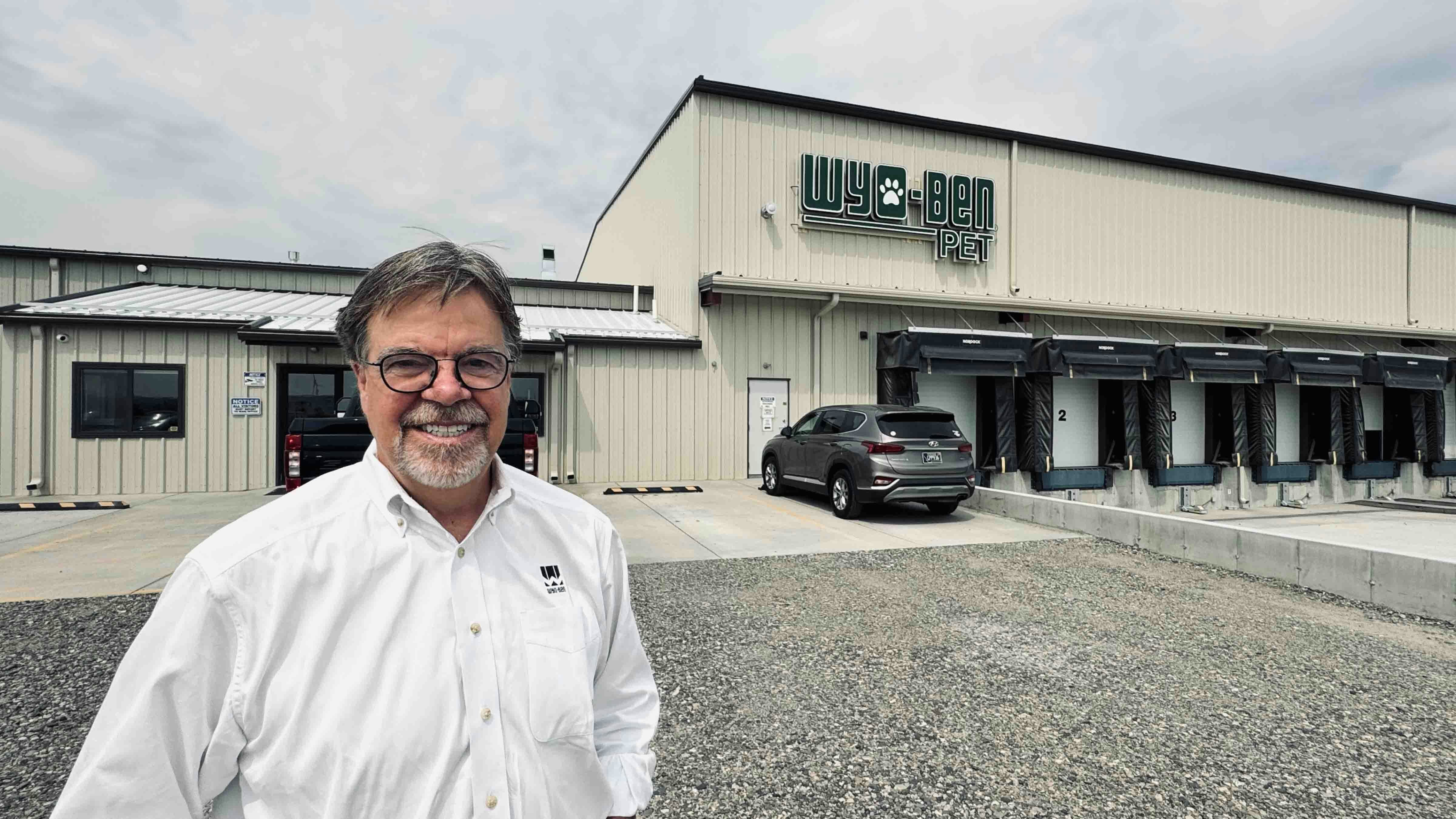 Wyo-Ben Inc. CEO David Brown standing in front of a newly constructed cat litter processing plant in Billings, Montana, where some of the company’s bentonite ends up getting packaged into bags of cat litter for big retailers like Target or PetSmart.