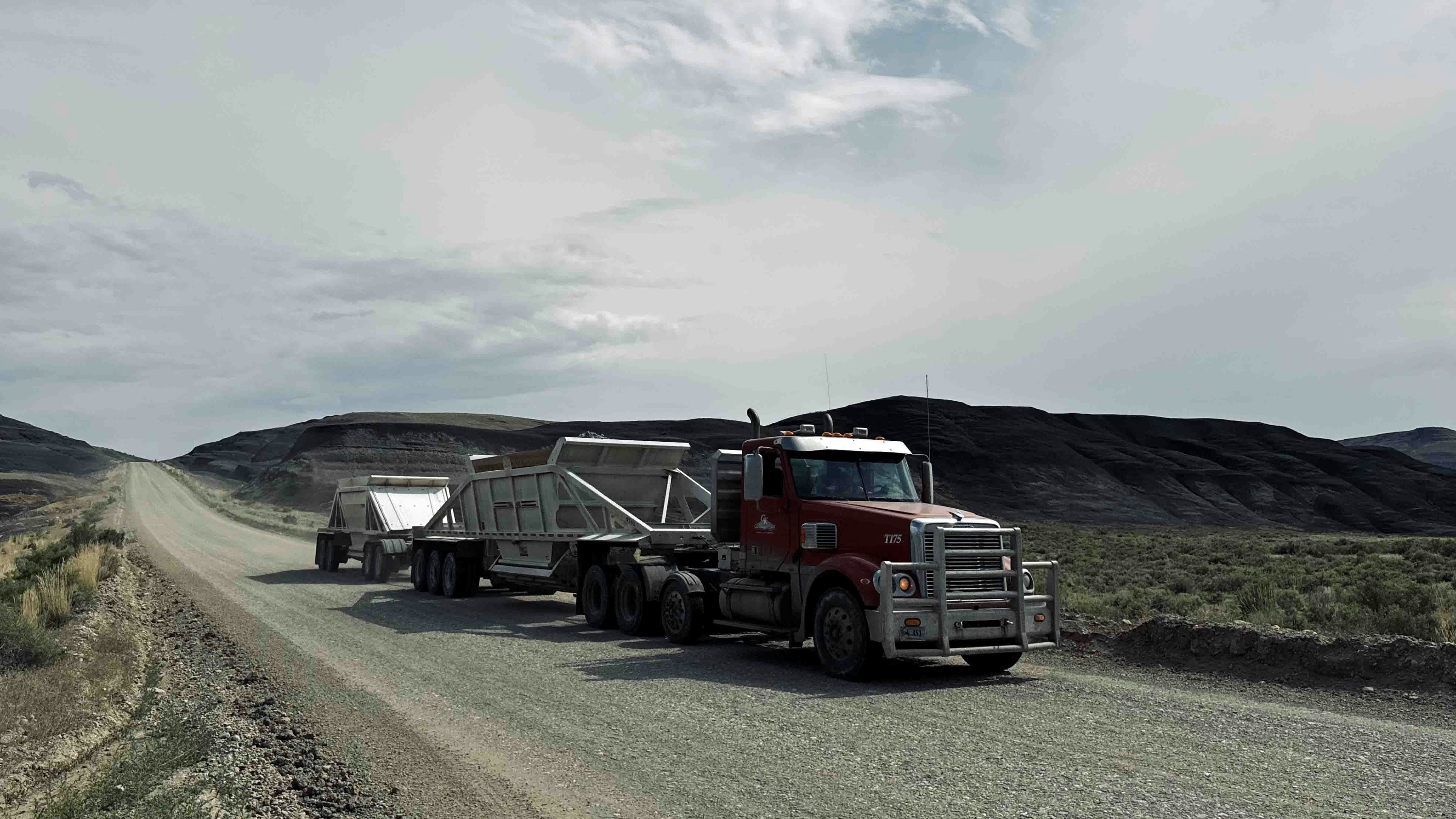 A truck loaded with bentonite leaving on a mining road from where the mineral is mined in the Bighorn Basin in north-central Wyoming.