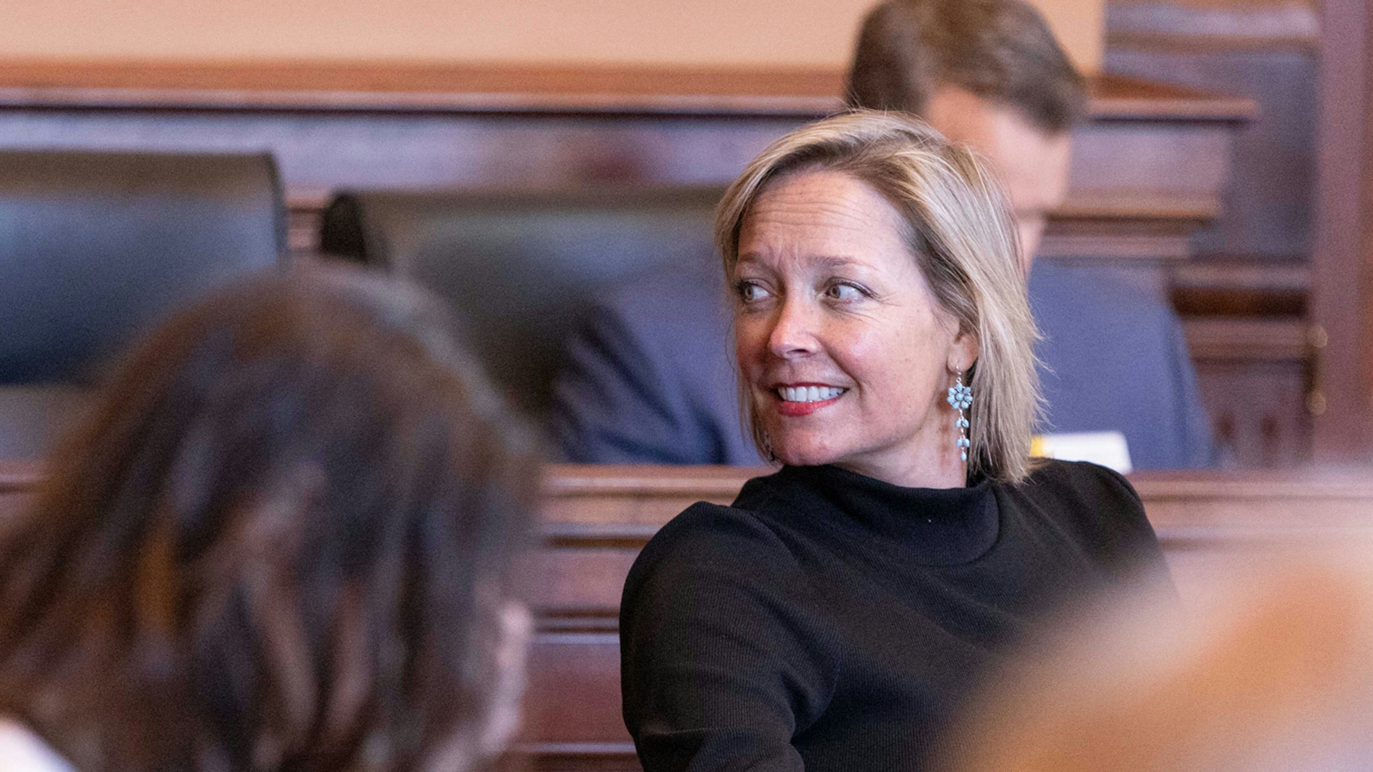 Teton County GOP leader Rebecca Bextel during testimony Thursday for the House investigative committee about checks she handed out to legislators on the House floor on Feb. 9, 2026.