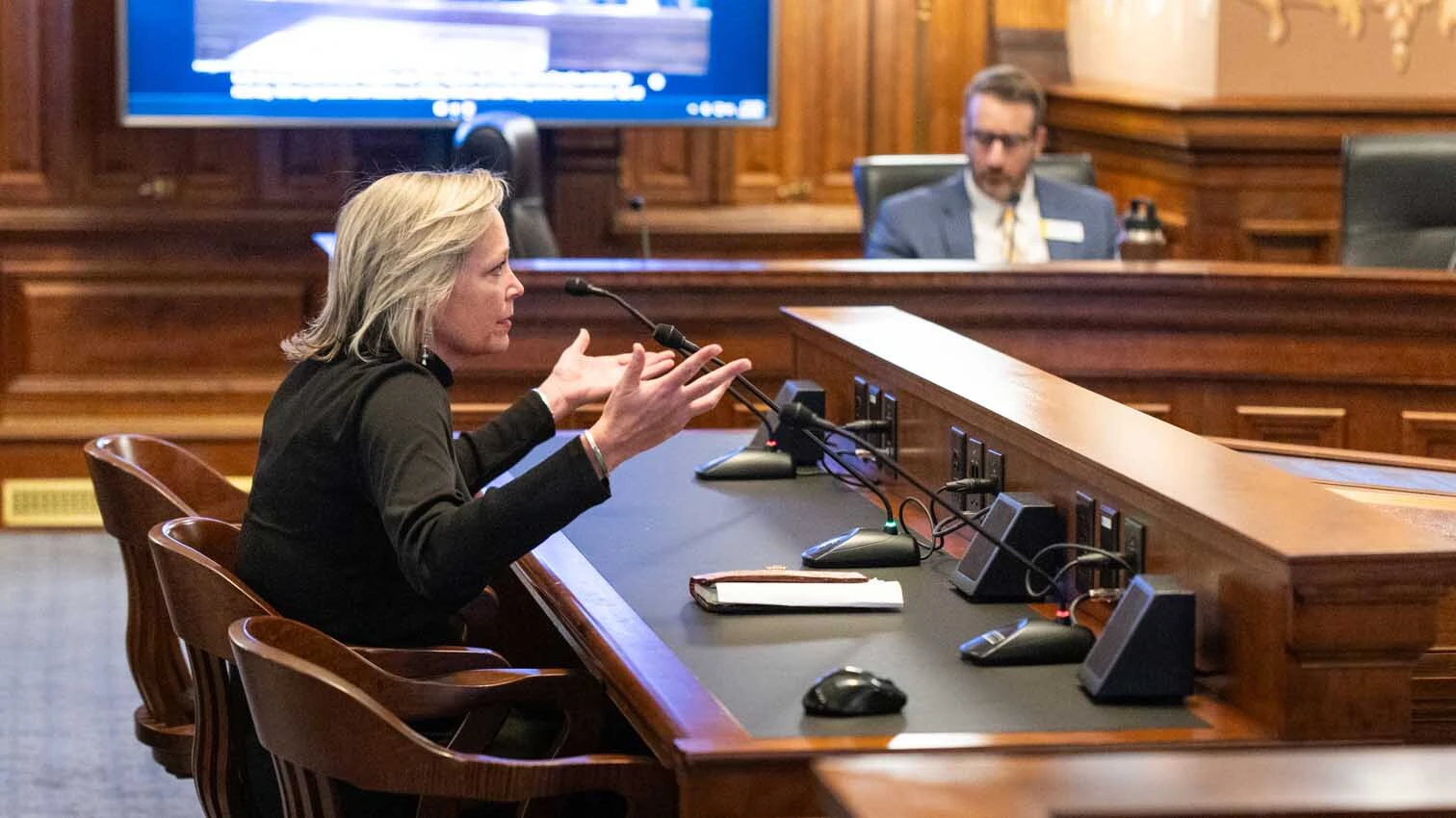 Teton County GOP leader Rebecca Bextel testifies Thursday for the House investigative committee about checks she handed out to legislators on the House floor on Feb. 9, 2026.