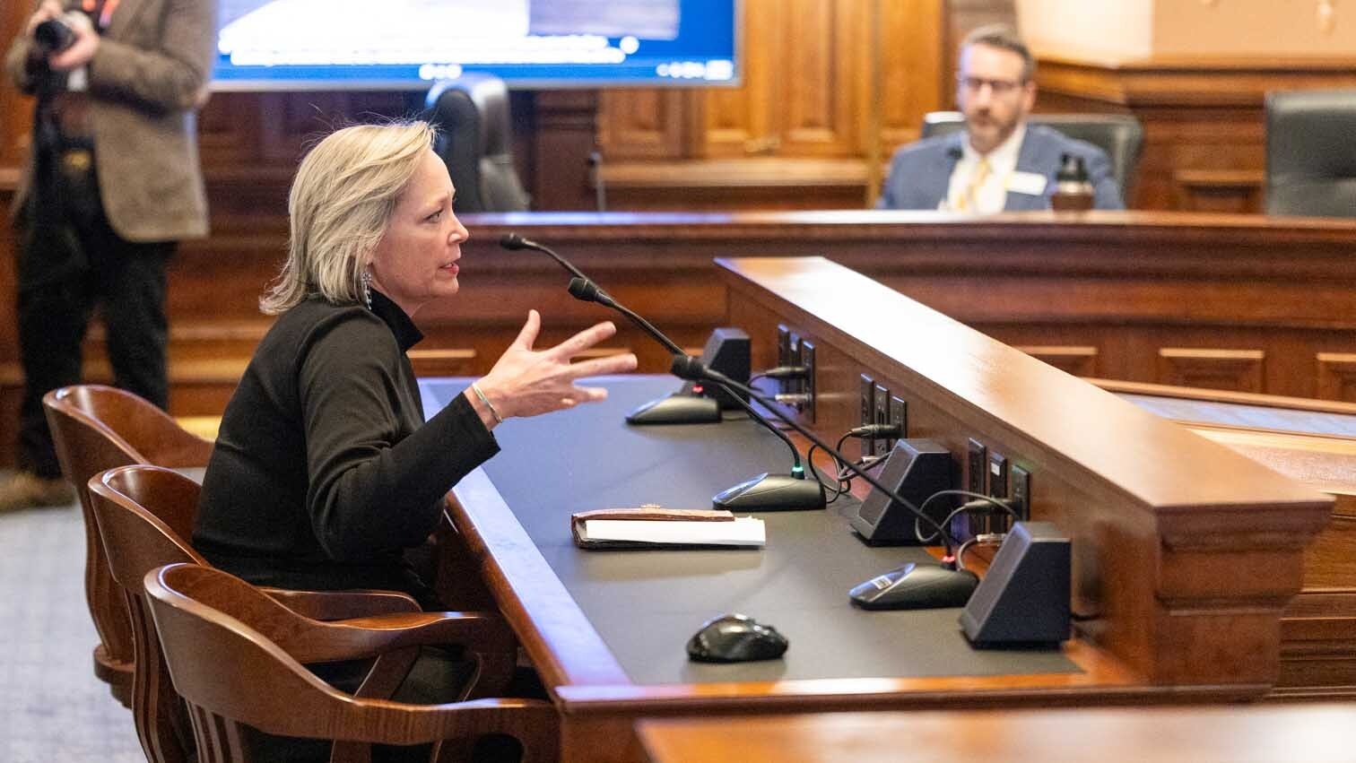 Teton County GOP leader Rebecca Bextel testifies Thursday for the House investigative committee about checks she handed out to legislators on the House floor on Feb. 9, 2026.