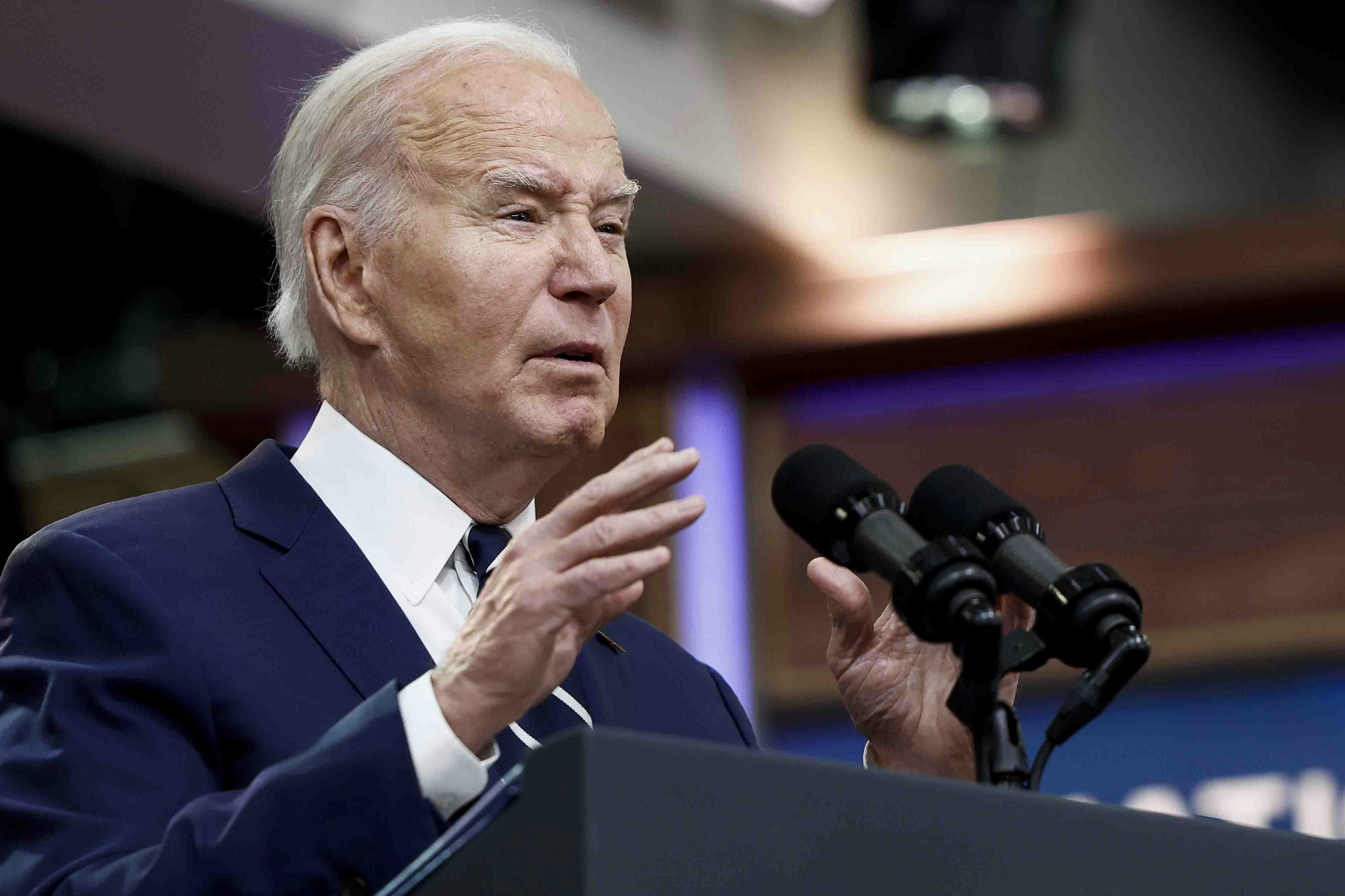 U.S. President Joe Biden gives remarks virtually to the National Action Network Convention from the South Court Auditorium in the Eisenhower Executive Office Building on April 12, 2024