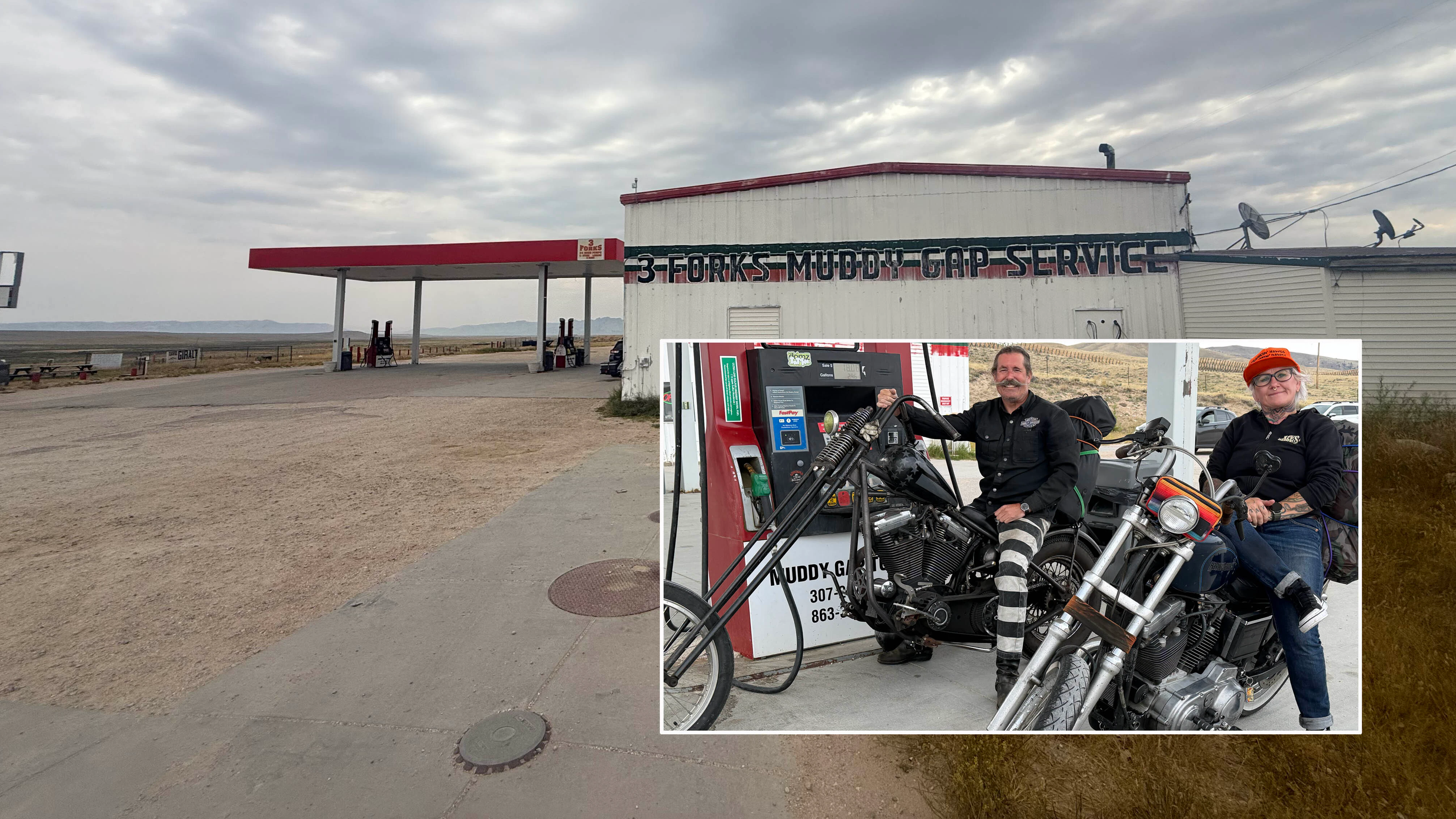 Ron Star and Knuckles stop for fuel at Muddy Gap while riding home from Sturgis.