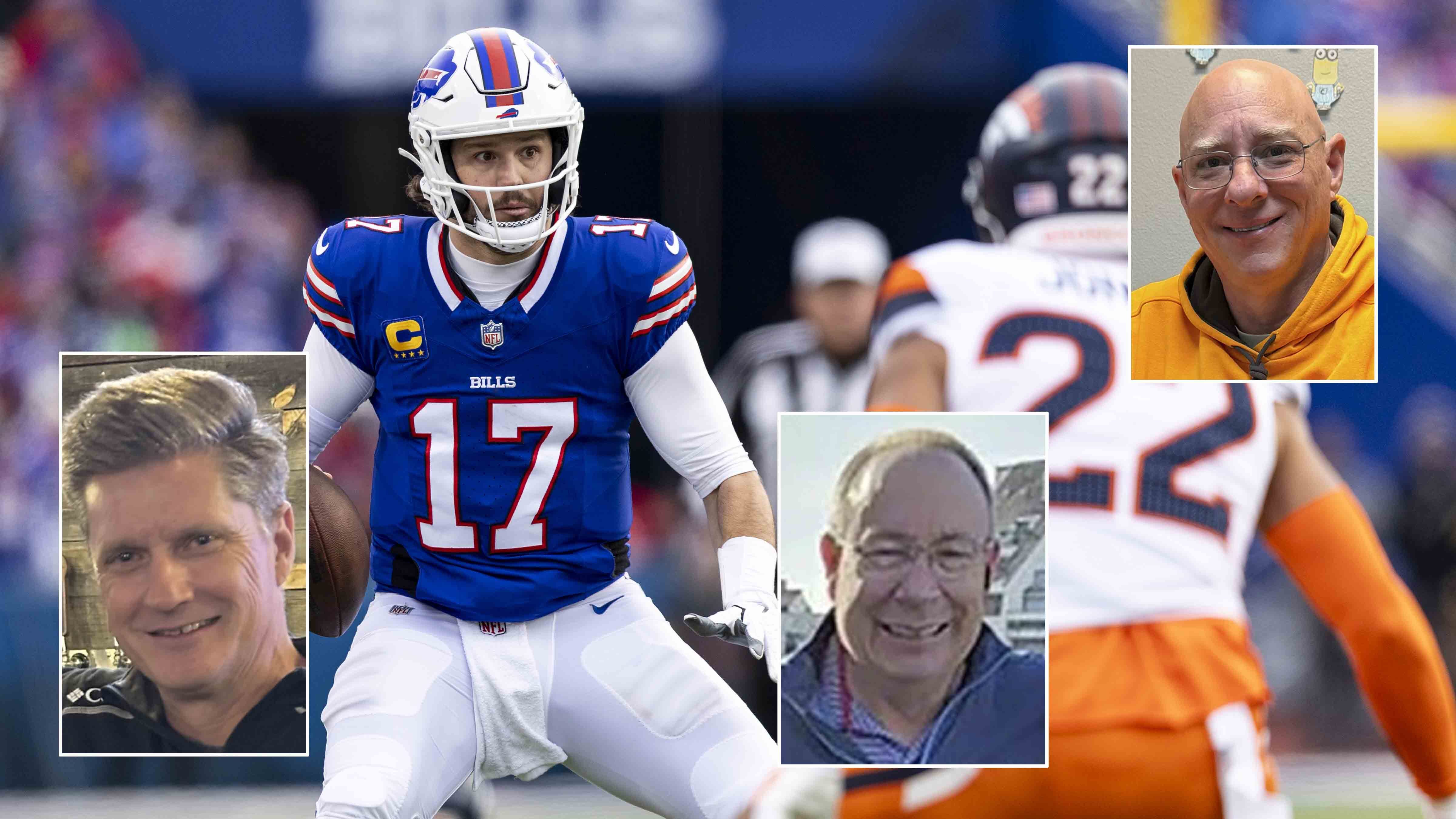 Steve Carver (left) remains a Broncos fan. Ron Downey (center) is a fan of both teams. Jeff Gillotti (right) flipped to the Bills when they drafted Josh Allen.