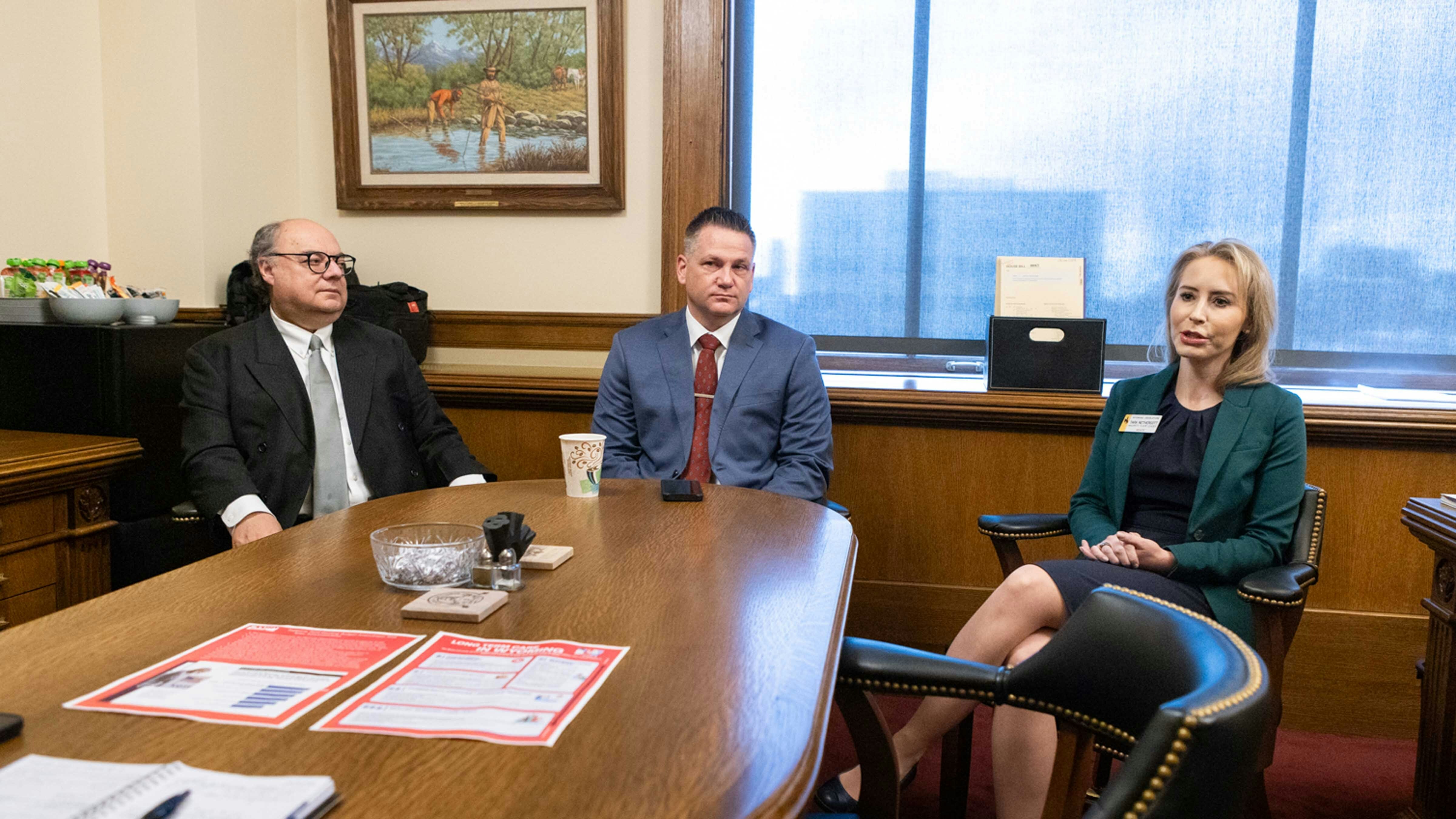 Sen. Tim Salazar (left), Senate President Bo Biteman (center), Sen. Tara Nethercott (right)