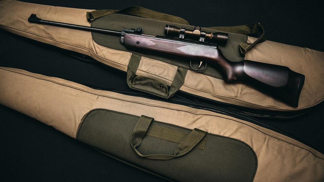 Black rifle with scope and brown gig bag 864987