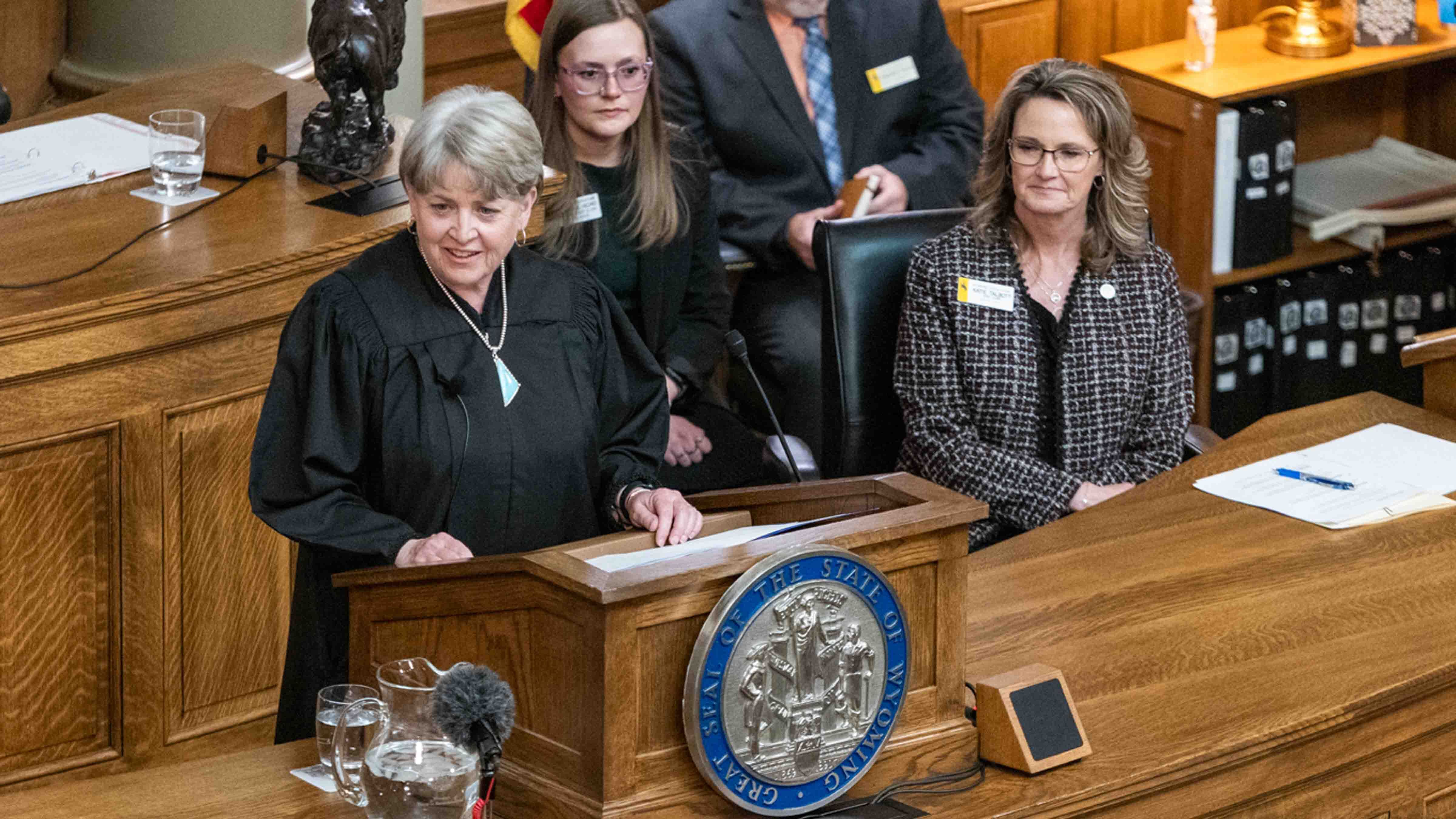 Wyoming Supreme Court Chief Justice Lynne J. Boomgaarden speaks at the opening session at the 68th Wyoming Legislature Budget Session on Monday, February 9.