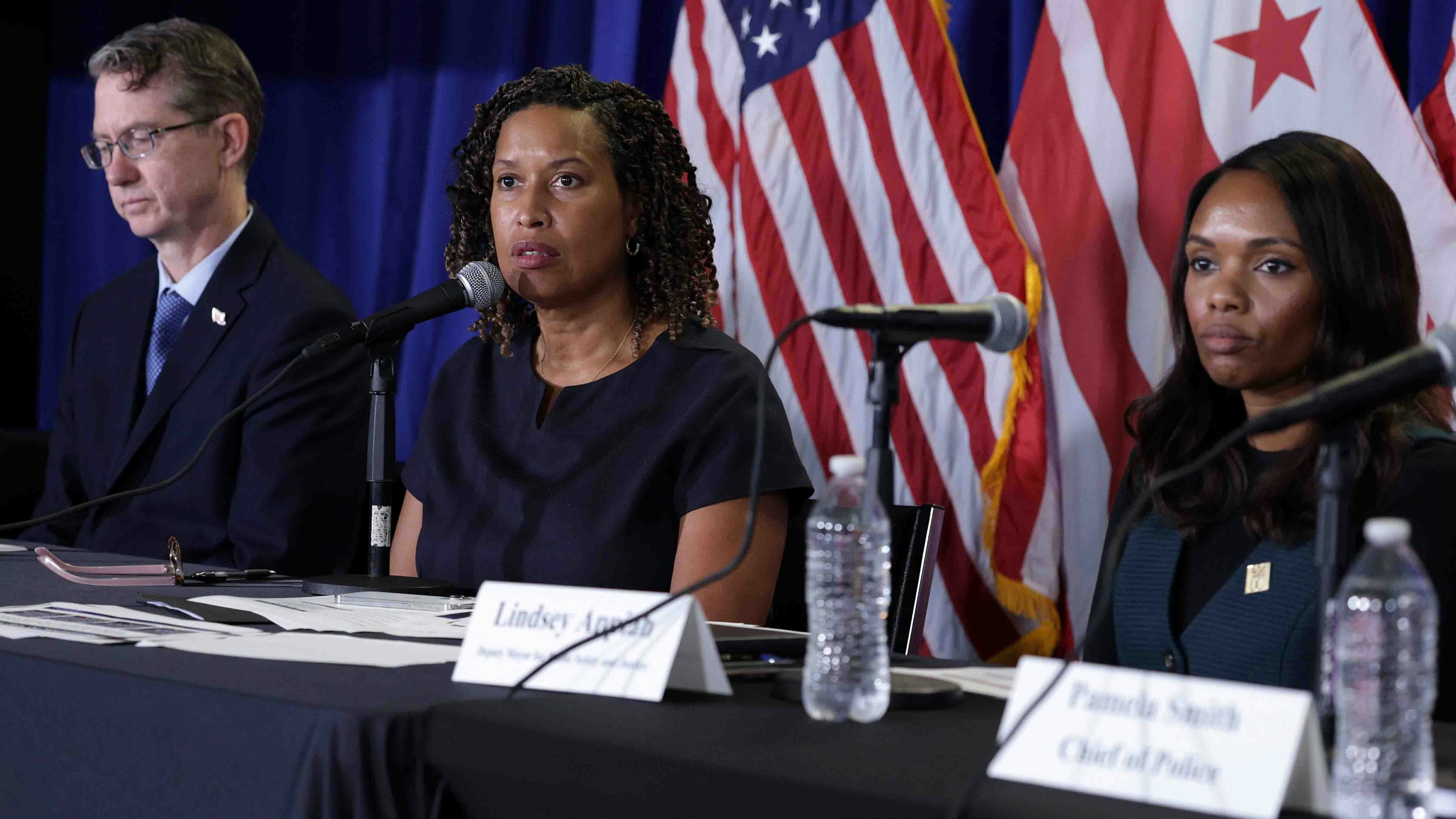 Washington, DC, Mayor Muriel Bowser (C) speaks during a press conference on August 27, 2025